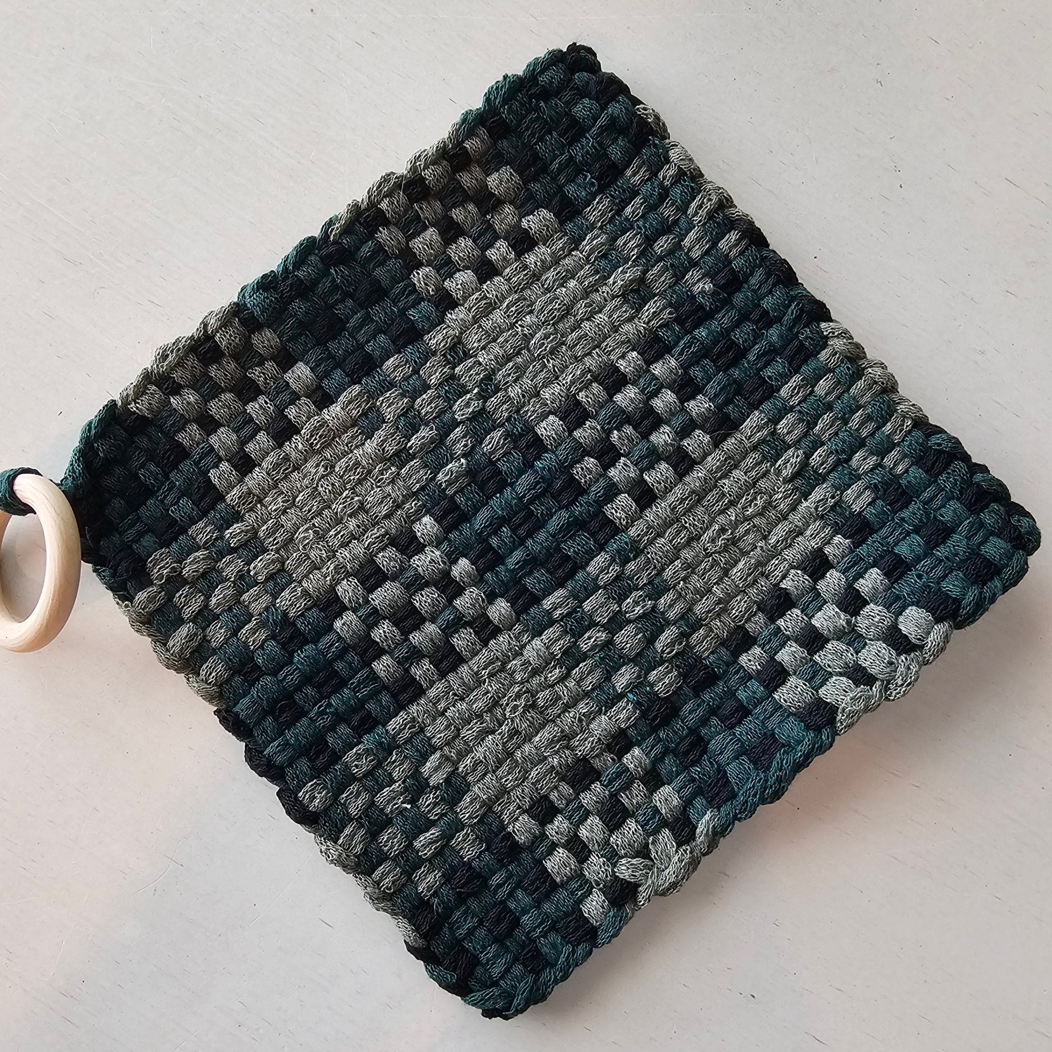 Handmade woven green and gray Penelope's Potholder with hanging ring - limited time sale! by Main Street Collective