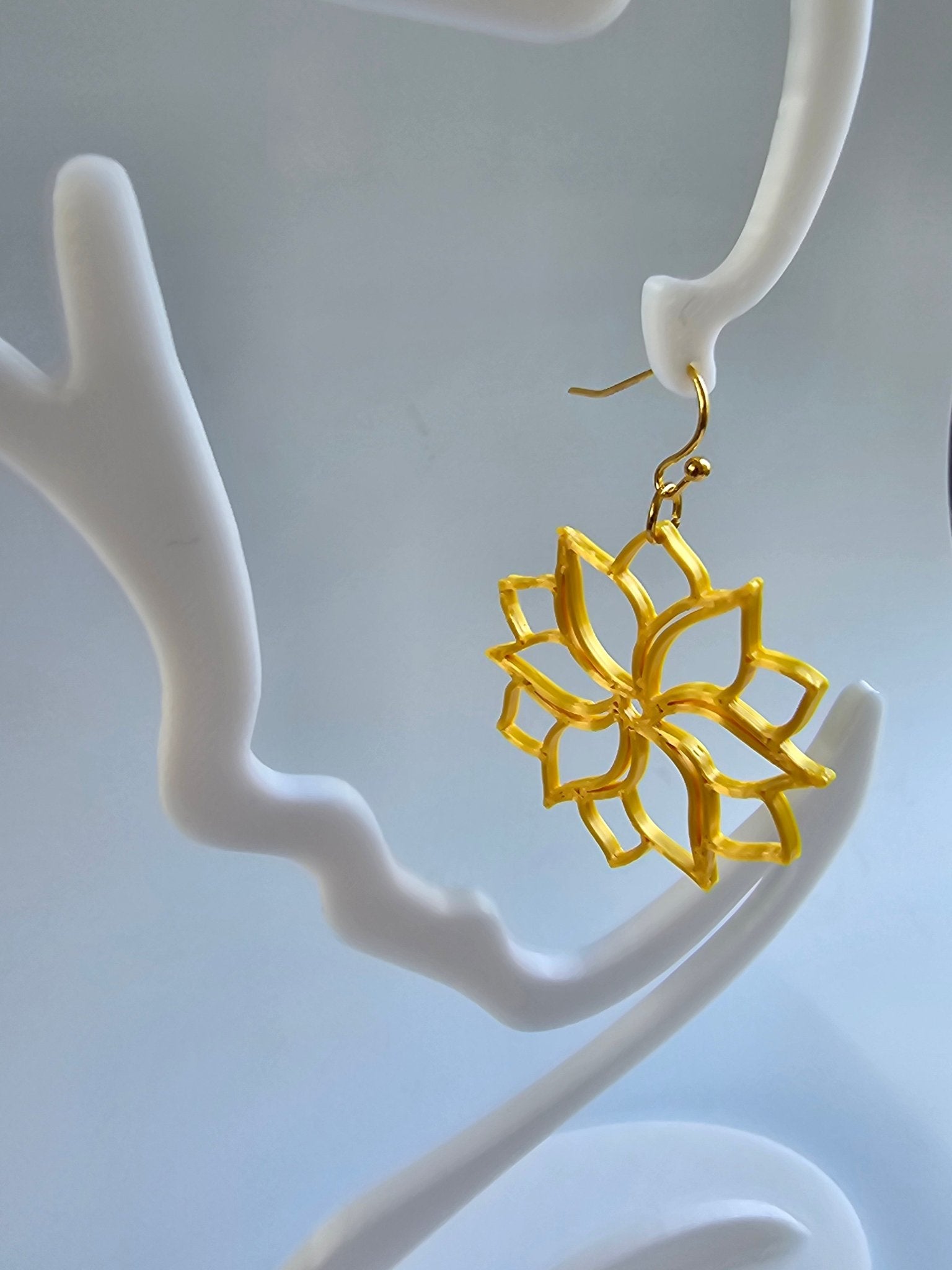 Yellow Lotus Earrings Handmade by Nora at The Tween Space - Main Street Collective. Lightweight 3D-printed Floral Jewelry!