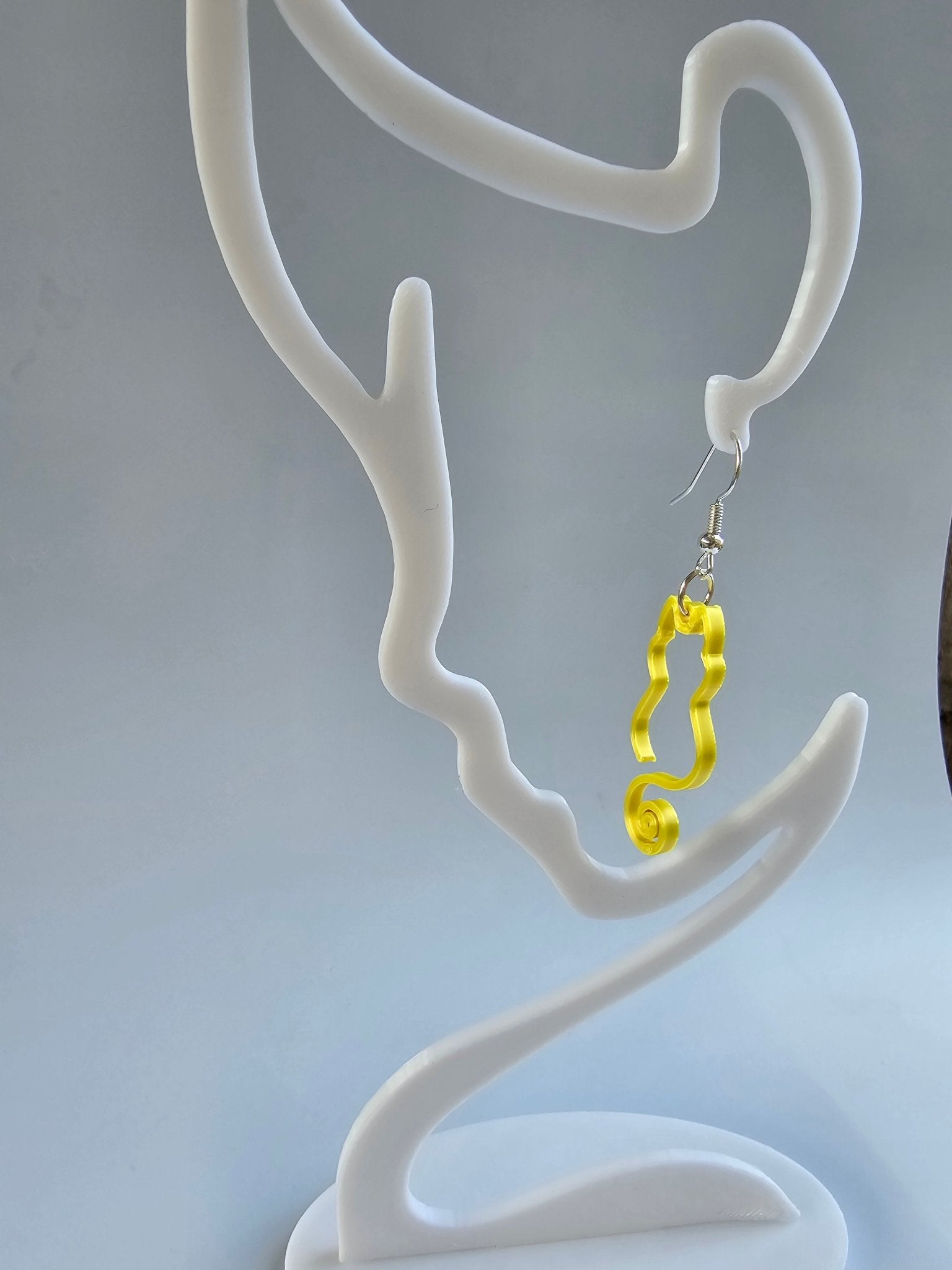 Yellow Curly Tail Cat Earrings: Handmade 3D-Printed Plastic Jewelry by Nora at Main Street Collective