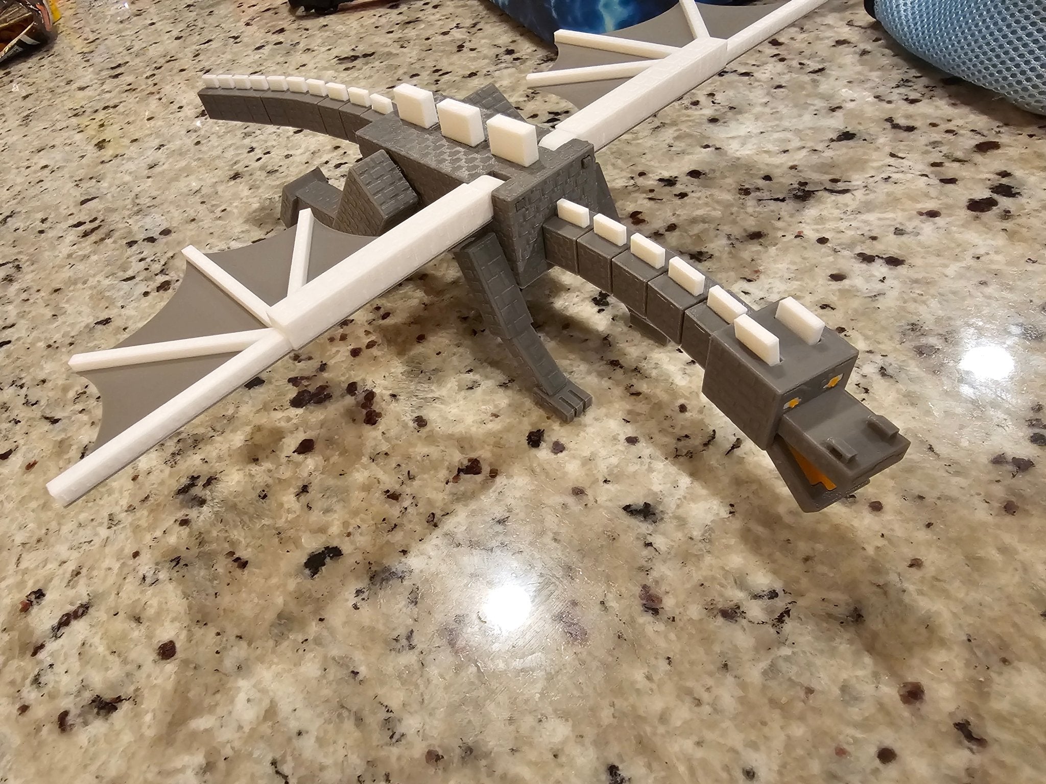 Blocky Pixel Dragon Figure: Gamer-Inspired, 3D Printed Gray and White Dragon for Gaming Setups