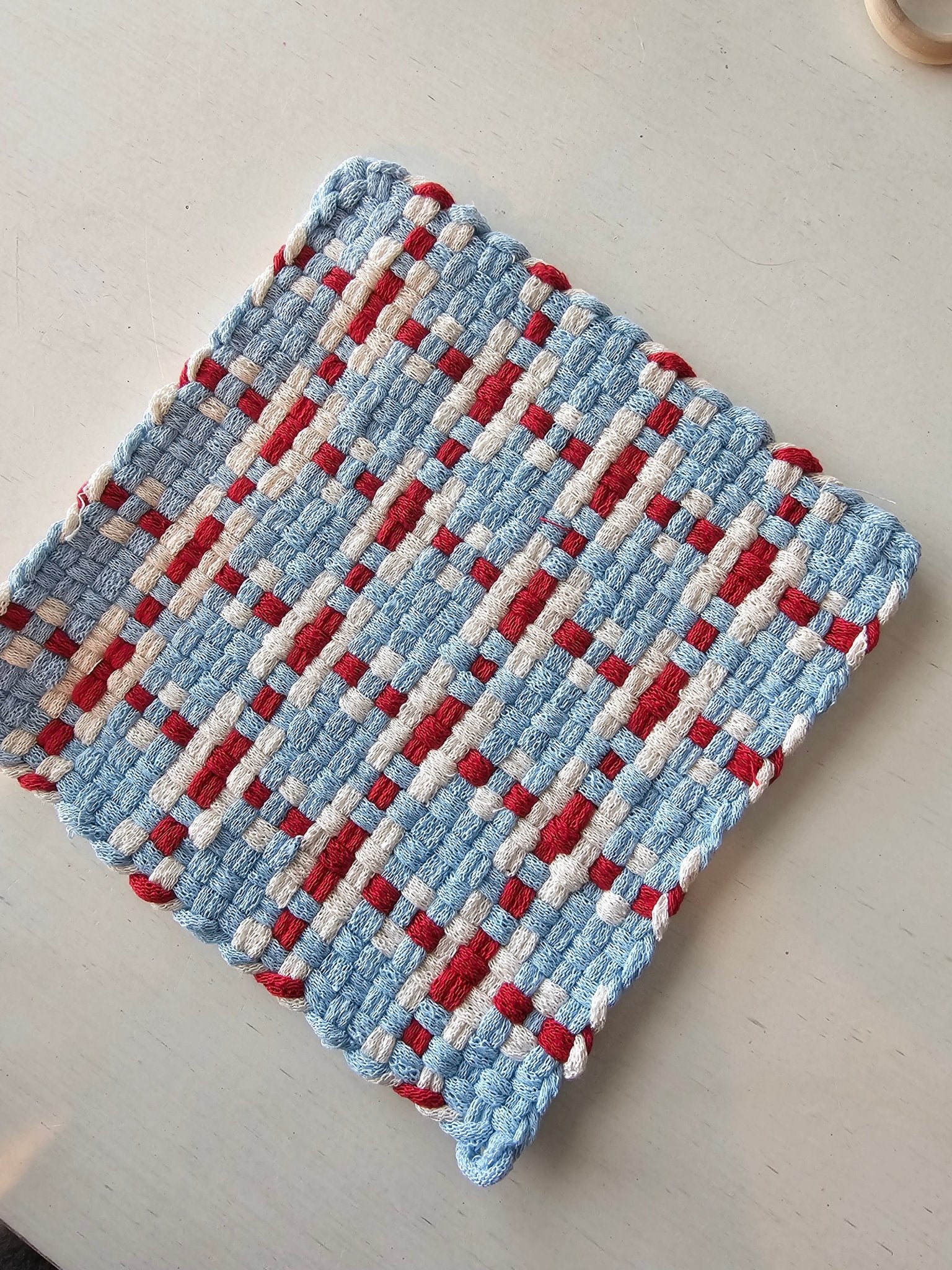 Handmade woven cotton potholder, red white and blue, Main Street Collective kitchen decor