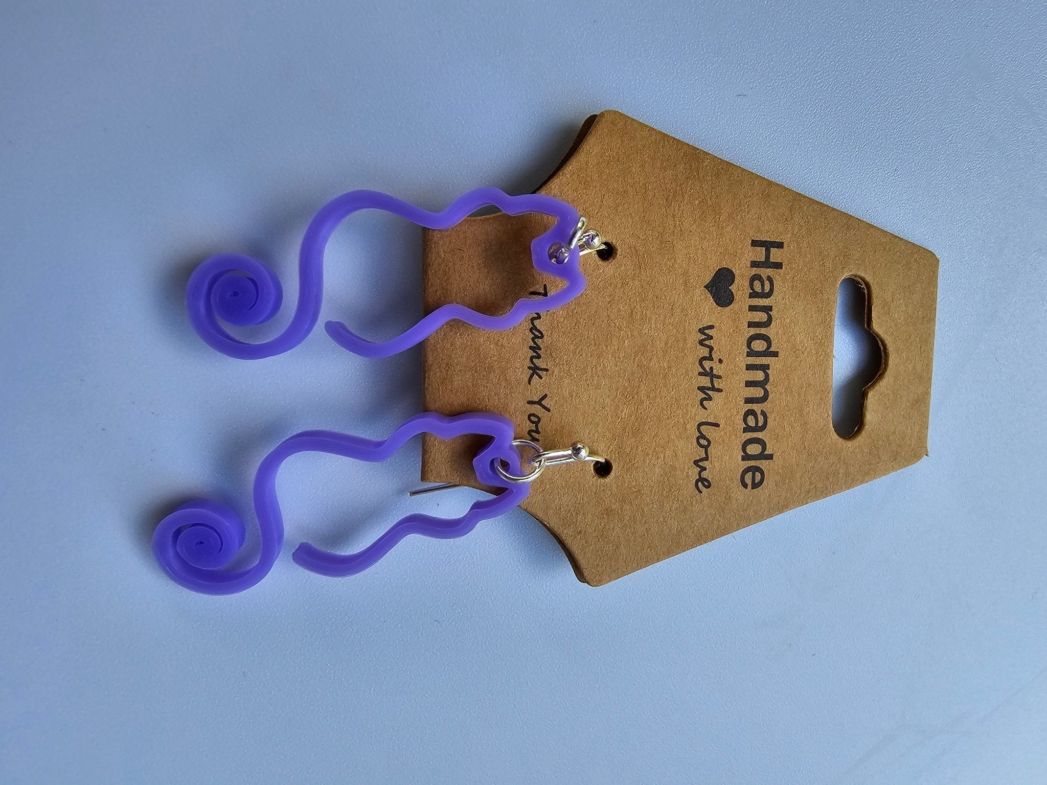 Purple Cat Earrings, Curly Tail, Handmade, 3D Printed, Hypoallergenic, Stainless Steel Hooks, Nora, The Tween Space, Main Street Collective