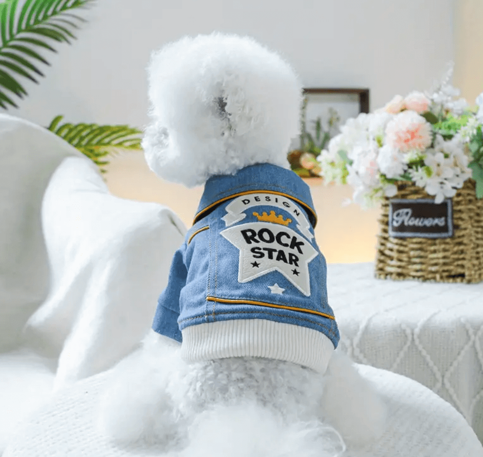 Rock Star Dog Denim Jacket | Cute Blue Jean Pet Apparel Outfit | Stylish Dog Clothes