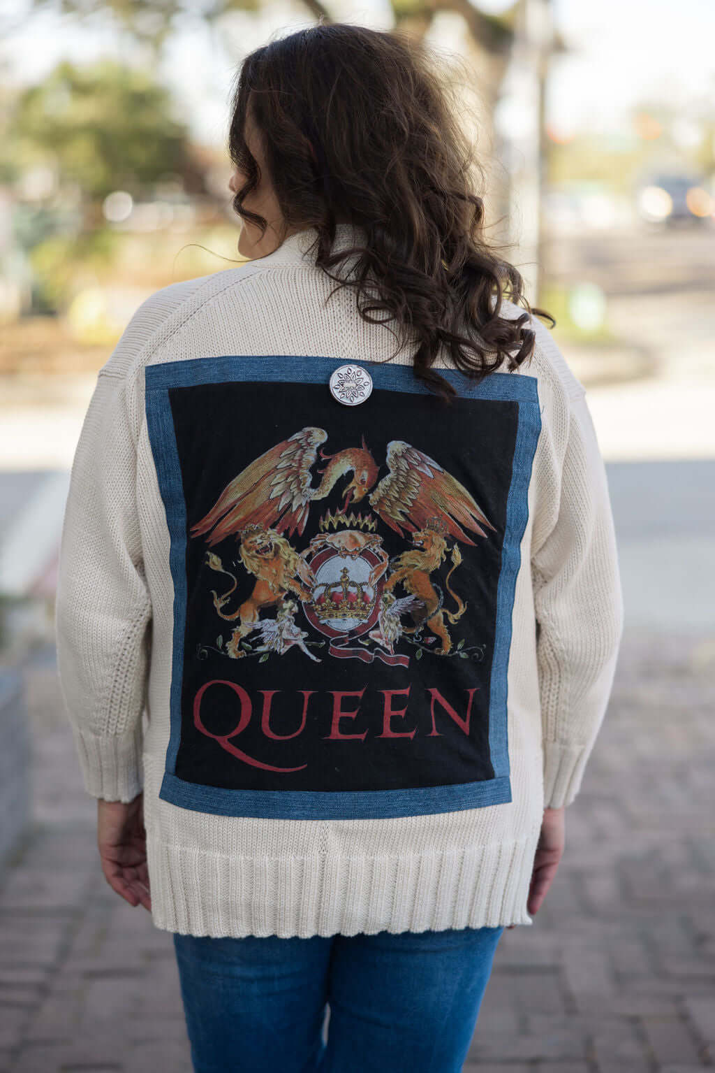 Queen Rockstar Cardigan Back View: Upcycled Vintage Tee & Denim Cardigan, Handmade in Canada