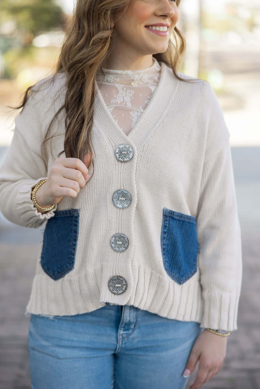 Rockstar Cardigan The Beatles, Keep It Trendy, upcycled denim pocket cardigan, handmade cardigan Mississippi boutique clothing.