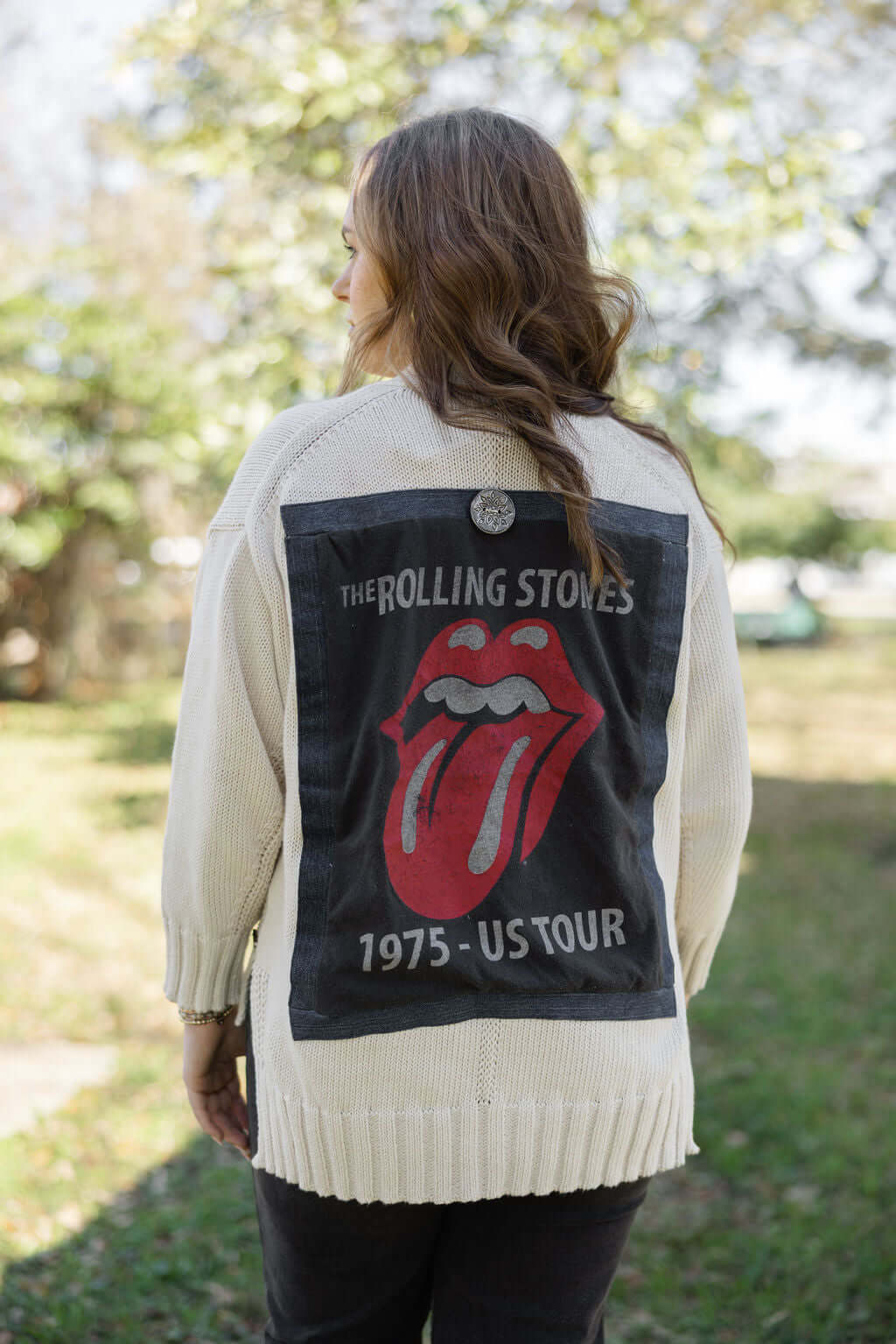 Keep It Trendy Rolling Stones Cardigan - Upcycled Vintage Denim Rockstar Style