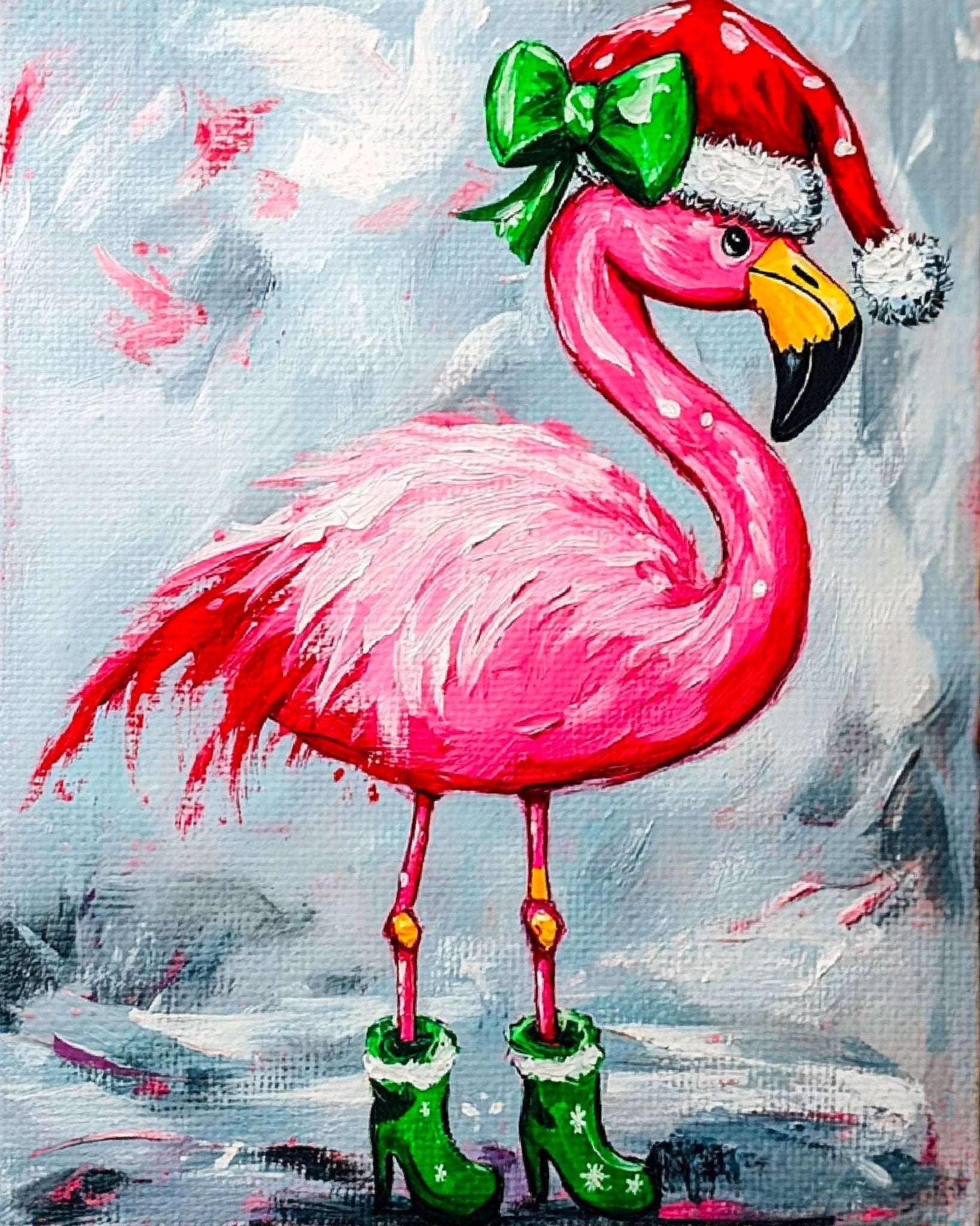 Christmas Flamingo Painting: Santa Hat & Boots DIY Canvas Kit - Festive Art by Dawn Lindley
