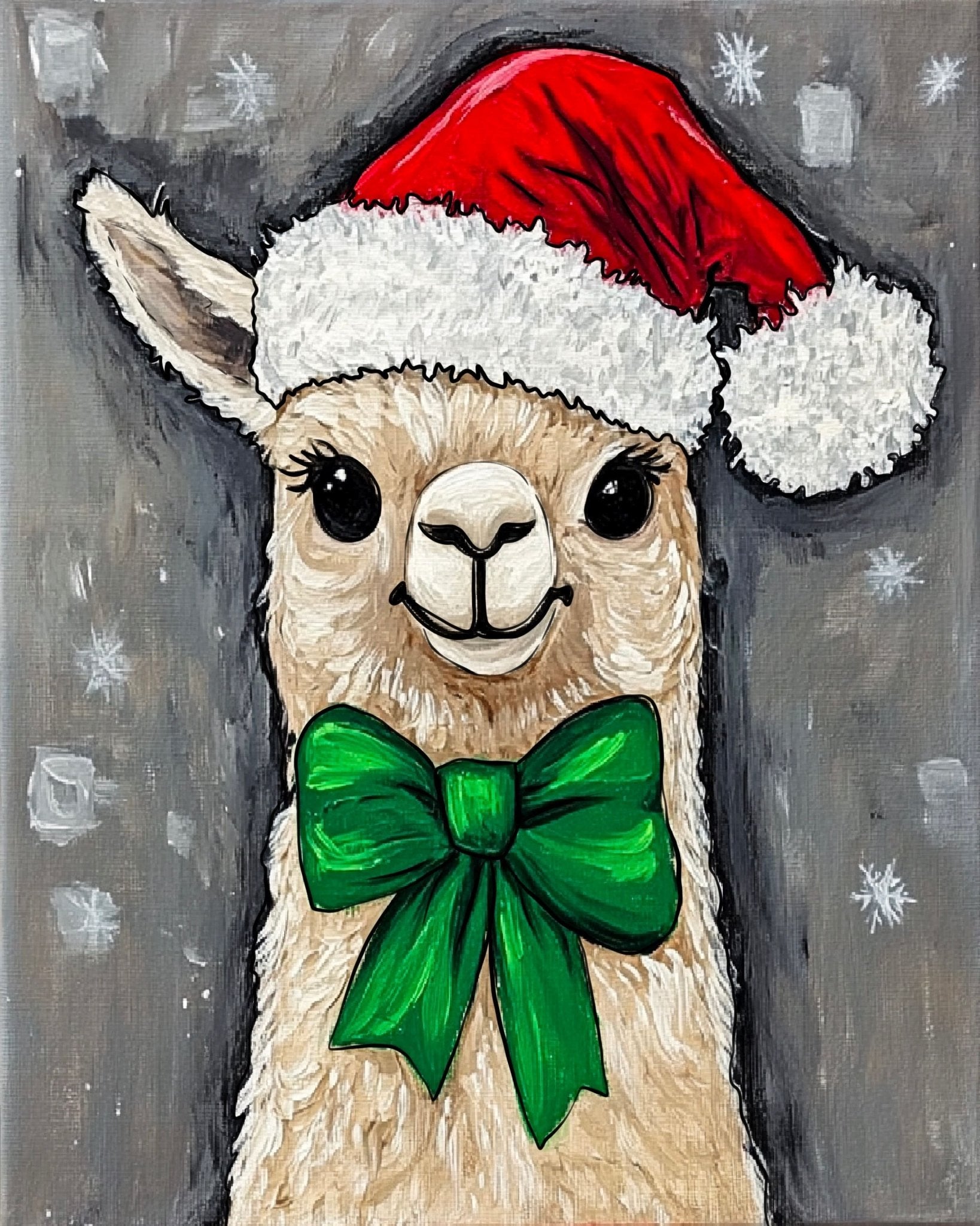 Christmas Llama Painting: Santa Hat and Bow Tie - Festive Holiday Art
