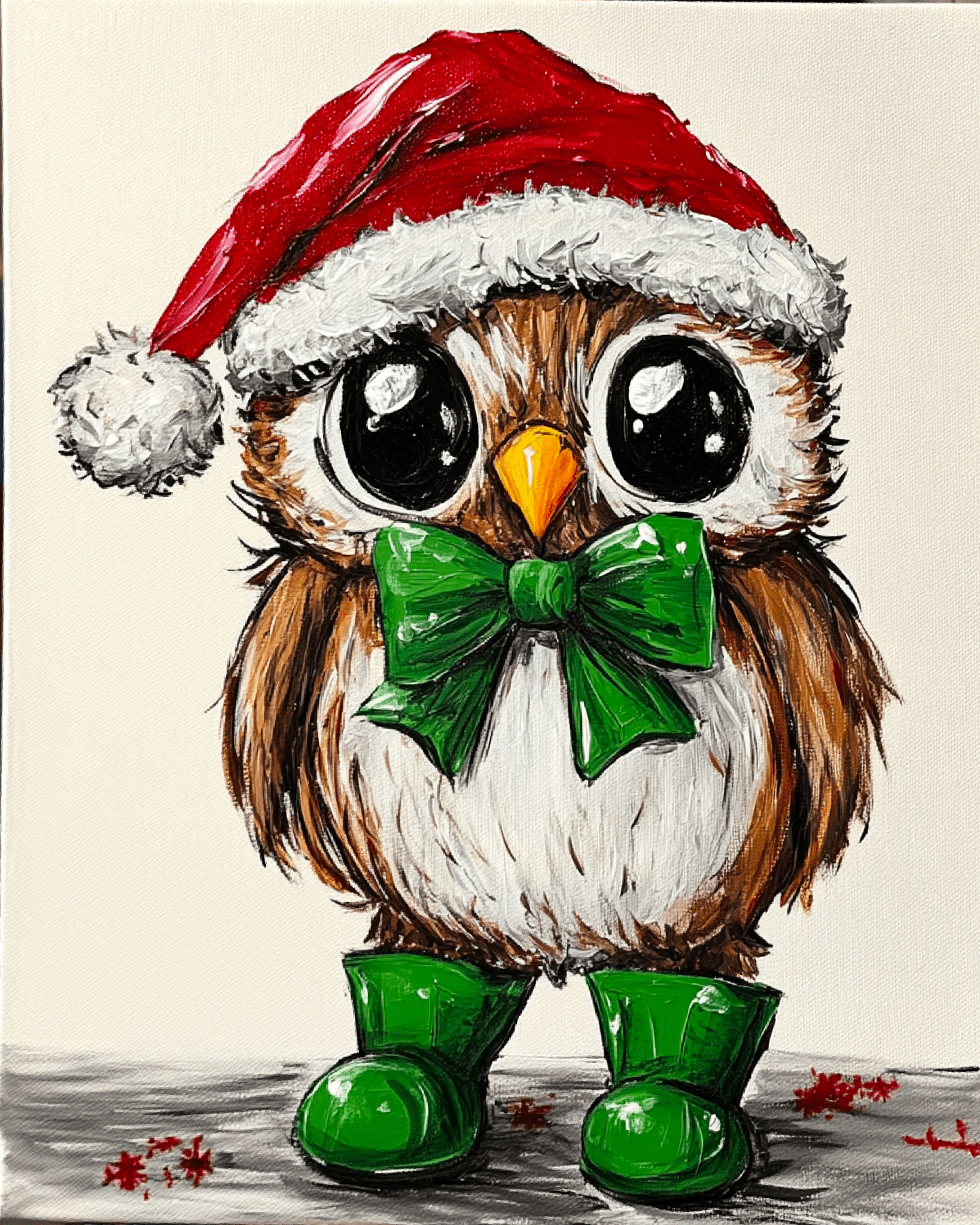 Cute Christmas owl painting with Santa hat, boots, and bow tie.