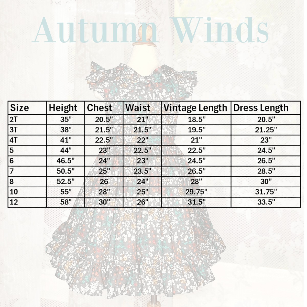 Autumn Winds Girls Floral Dress Size Chart: Cotton lawn, ruffle details, Main Street Collective - Sizes 2T to 12.