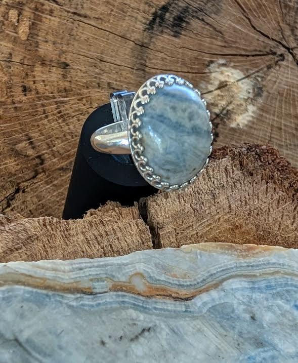 Lapis Lace Onyx/Scheelite Ring, Sterling Silver, Size 7. Unique gemstone ring with blue swirls. Handmade jewelry.
