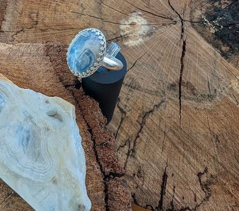 Lapis Lace Onyx Scheelite Ring Size 8, Sterling Silver Bezel, Unique Gemstone, Handmade Jewelry on Wooden Background