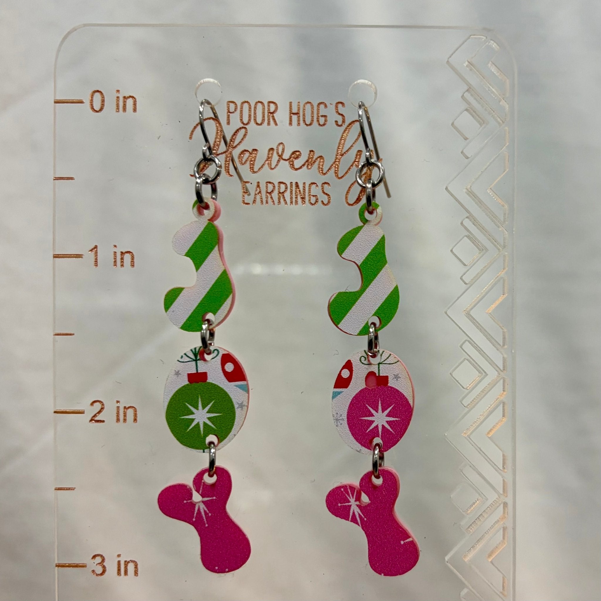 Retro Christmas Earrings: Layered Acrylic JOY Design - Pink, Green, Red Ornaments. Handmade by Poor Hog Customs at Main Street Collective