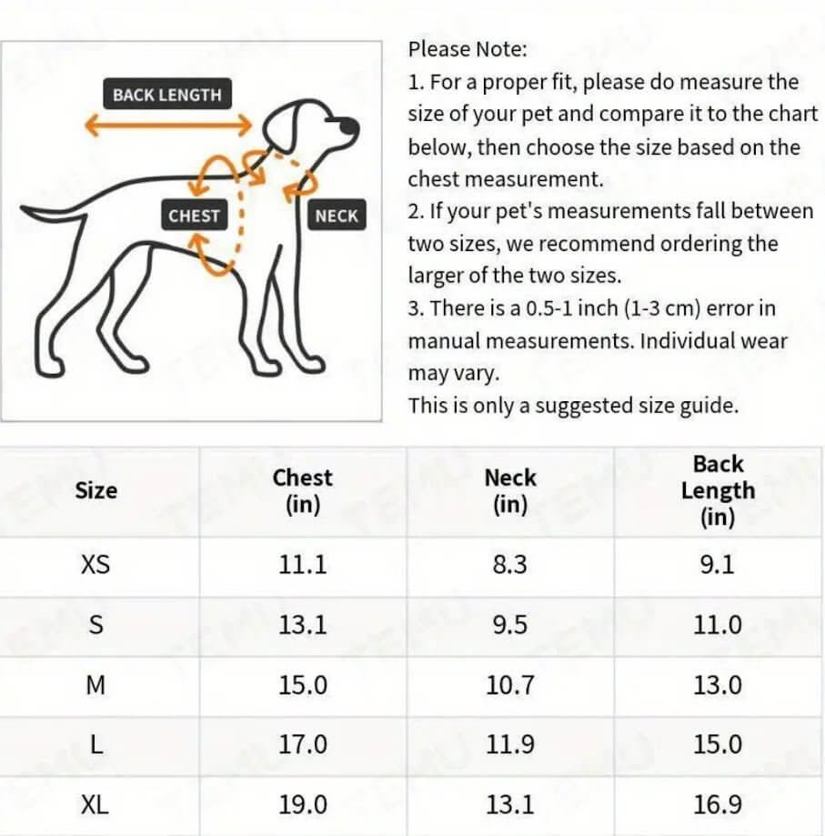 Dog Dress Size Chart | Chest, Neck, Back Length | XS, S, M, L, XL