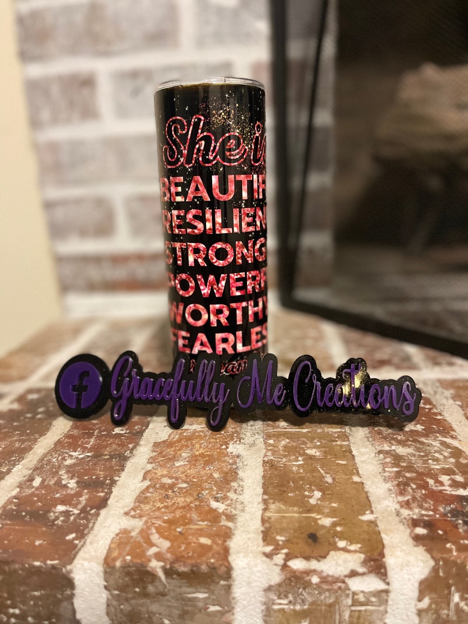 Inspirational Tumbler by Gracefully Me Creations: Black and gold, handmade gift. "She is" positive affirmations.
