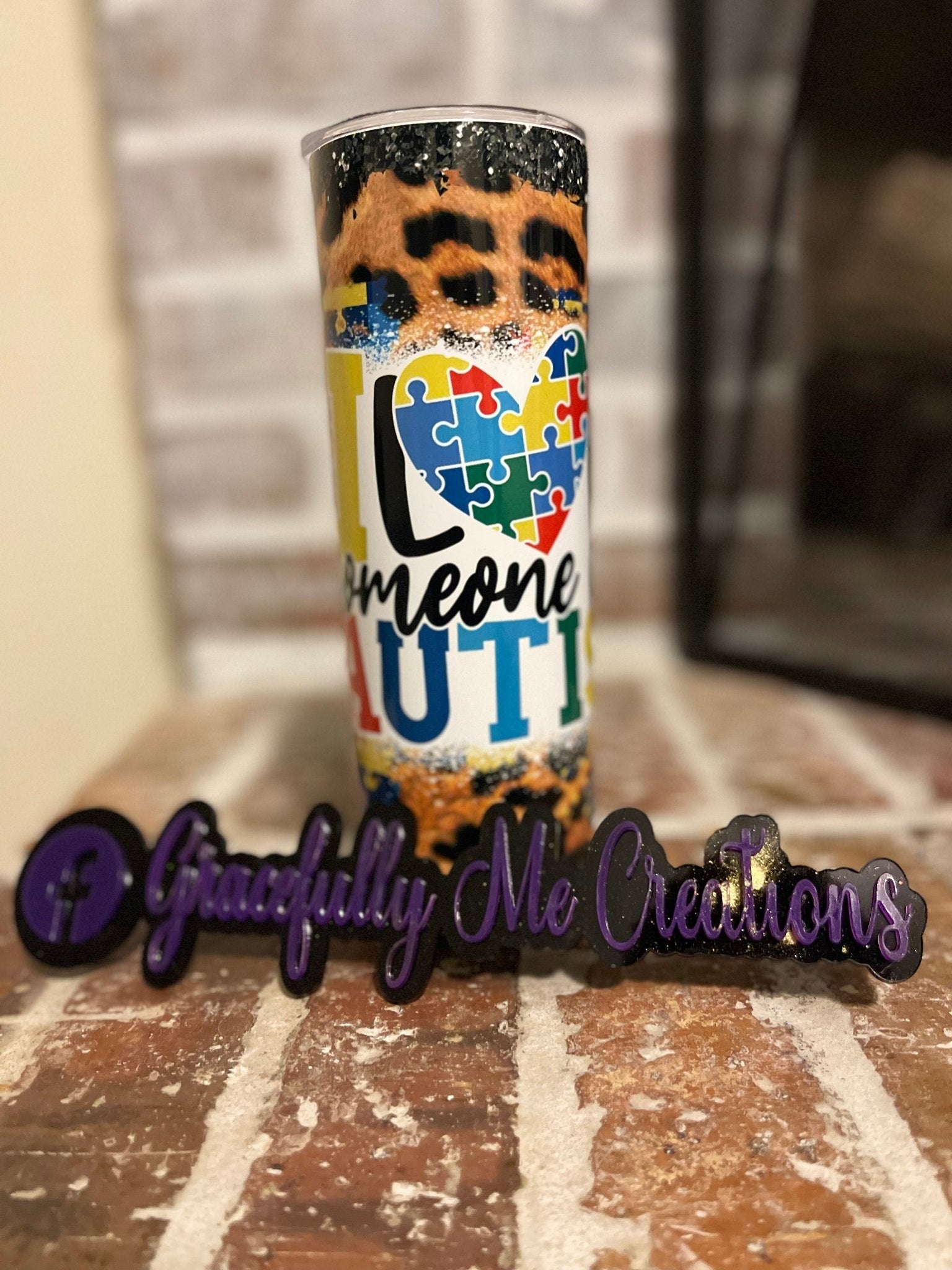 Autism Awareness Tumbler - Gracefully Me Creations - Sublimation Cup with Heart Puzzle Design & Leopard Print.