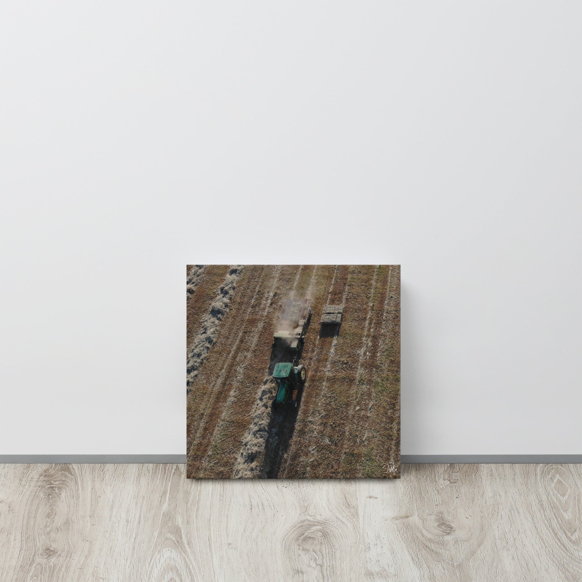 Tractor Making Hay Bales Aerial View | Farm Landscape Canvas Print Wall Art