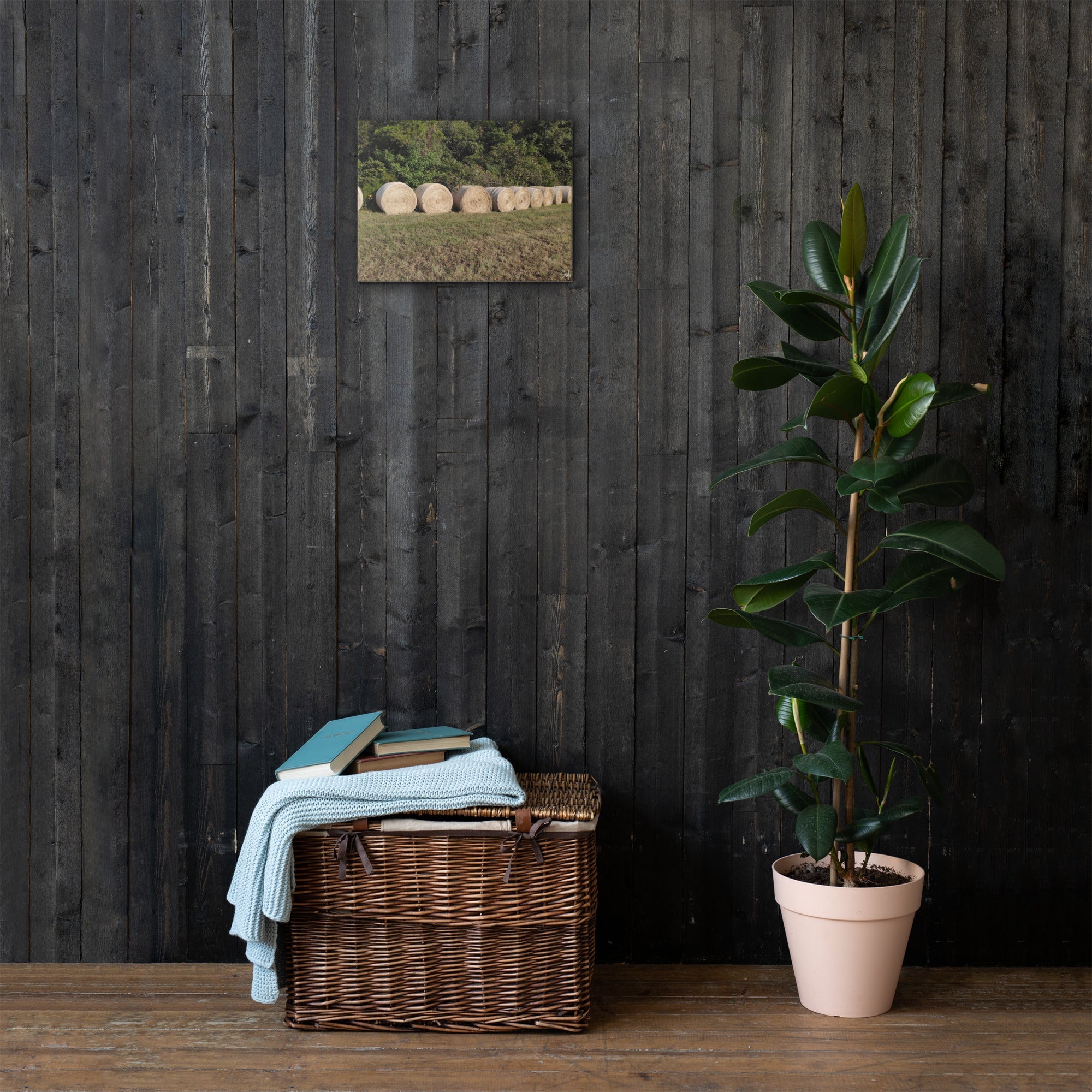 Hay Fever III Canvas Art: Rustic hay bale scene on wall above wicker chest and plant, interior decor