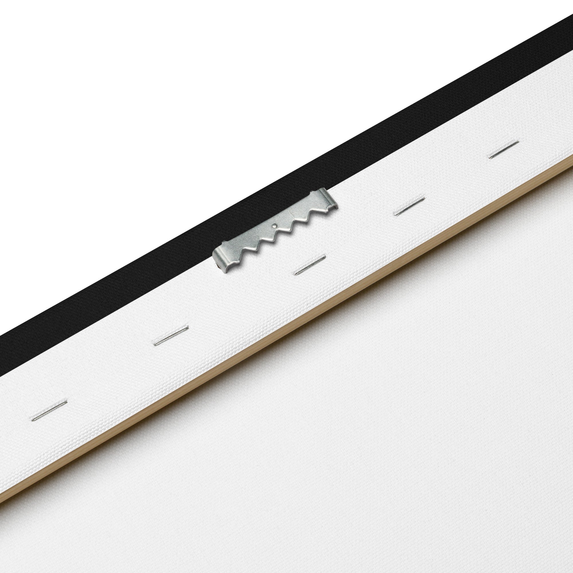 Thin Canvas Hanging Hardware - Close Up of Mount, Staples, Black Edge, White Canvas