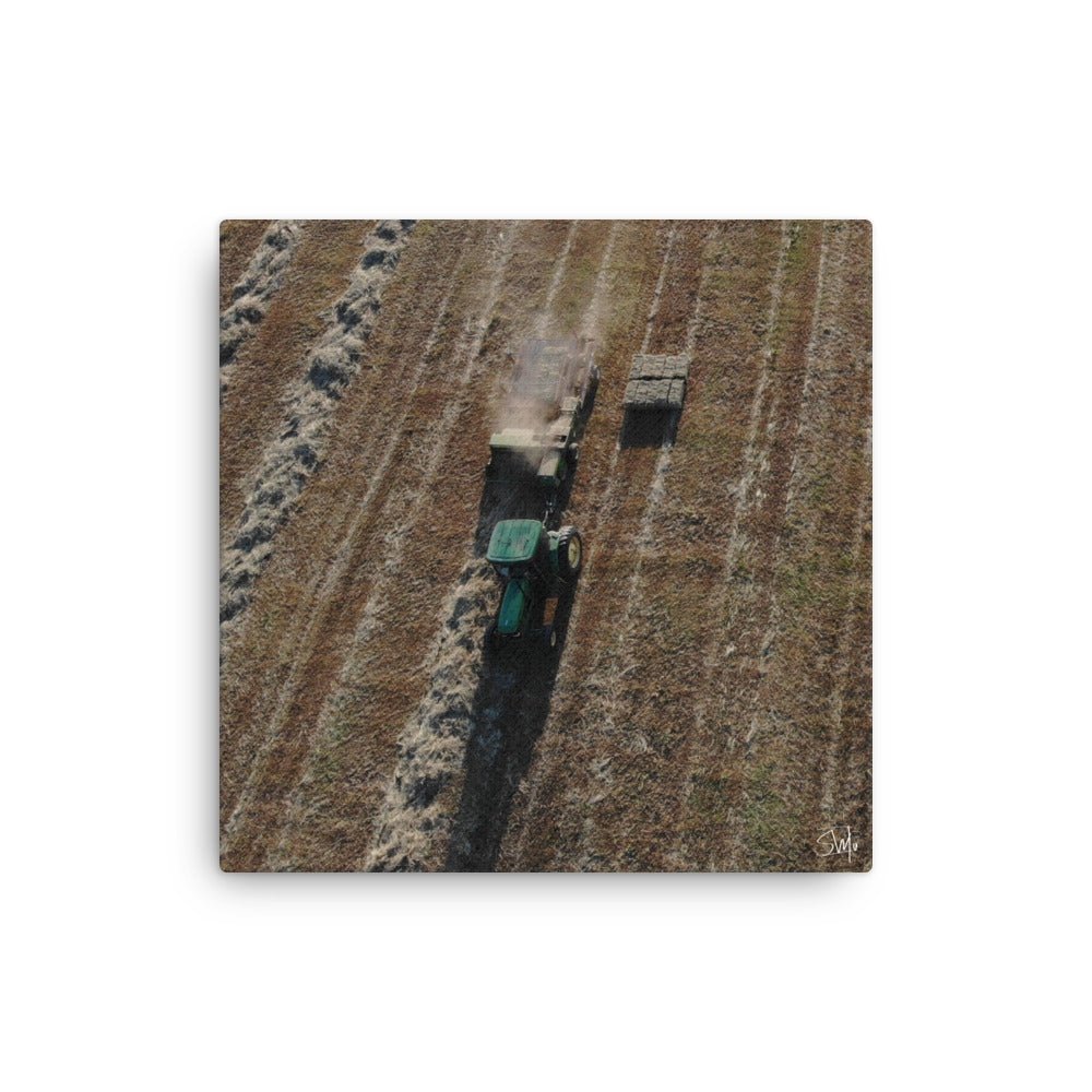 Aerial view of a green tractor baling hay in a golden field. Farming landscape, rural scene.