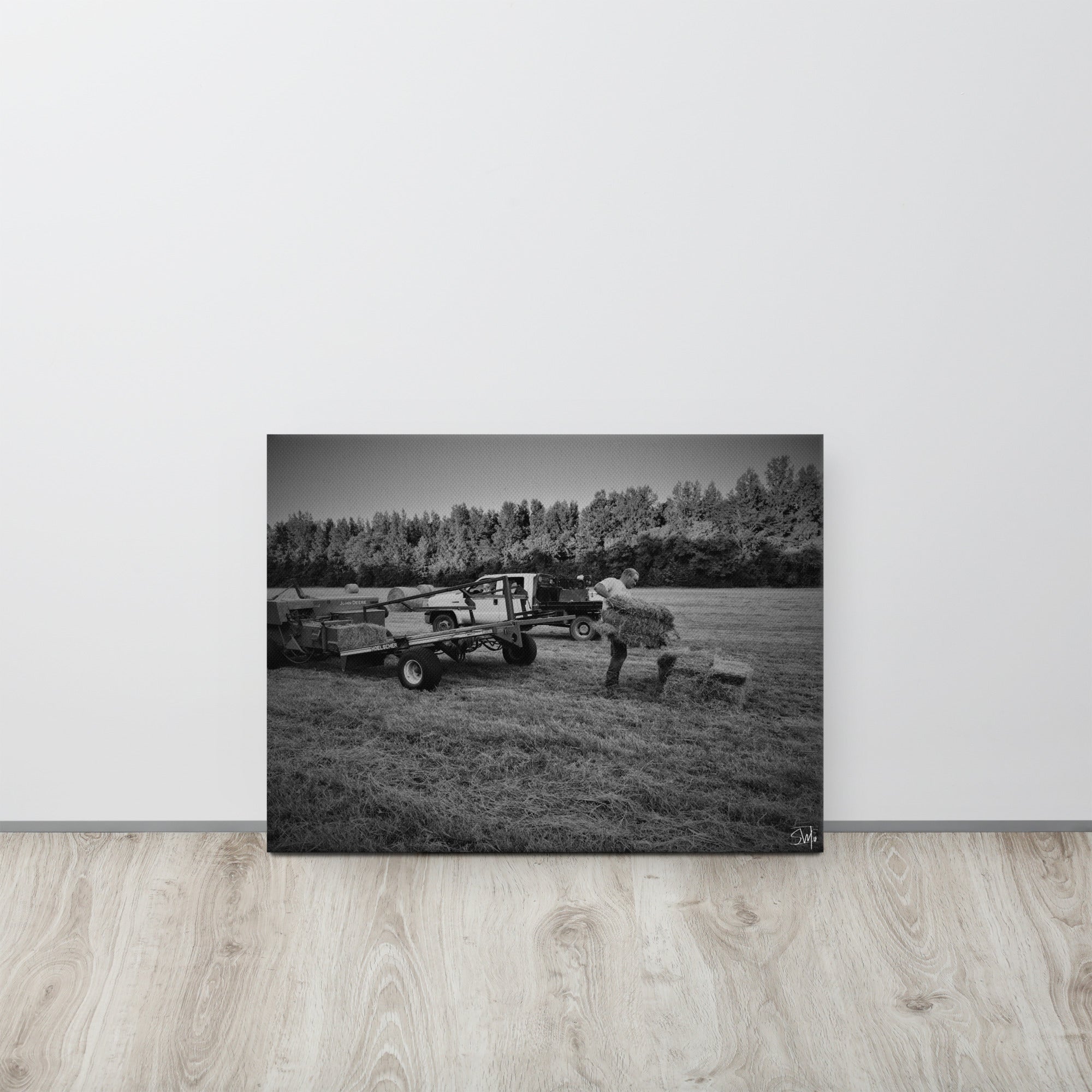Grayscale Farm Scene Canvas Art: Hay Bales, Farm Equipment, Nostalgic Decor