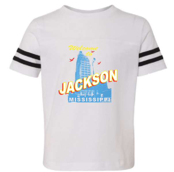 Welcome to Jackson Mississippi Youth T-Shirt. White tee with black striped sleeves and Jackson Mississippi graphic. 