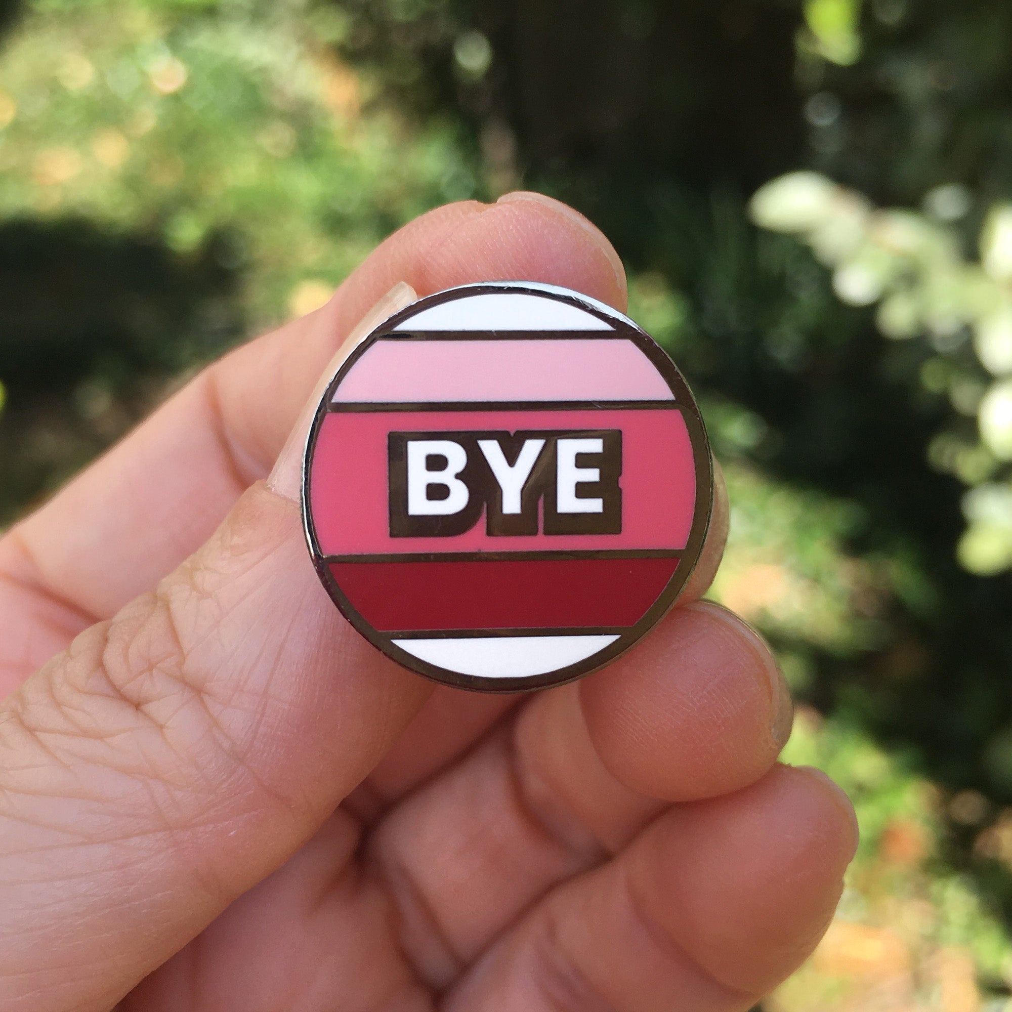 “Bye” Retro Enamel Pin – 70s Style Striped Goodbye Pin
