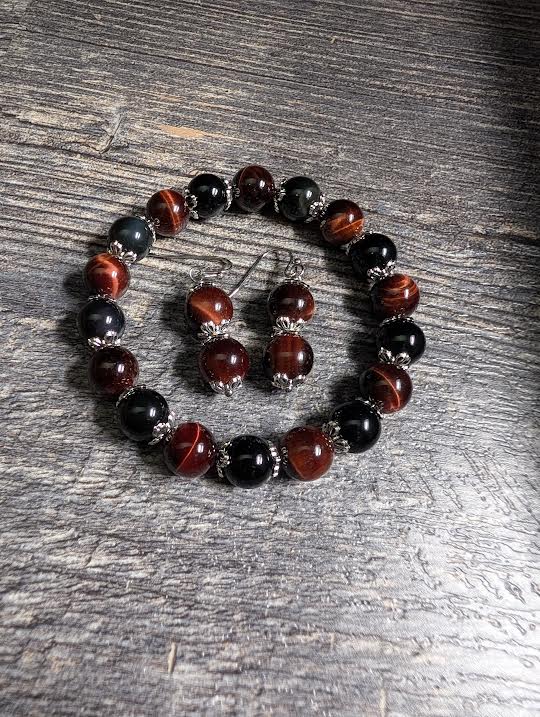 Red Tiger Eye & Obsidian Bracelet with Matching Earrings | Handmade Gemstone Jewelry | Protection & Strength