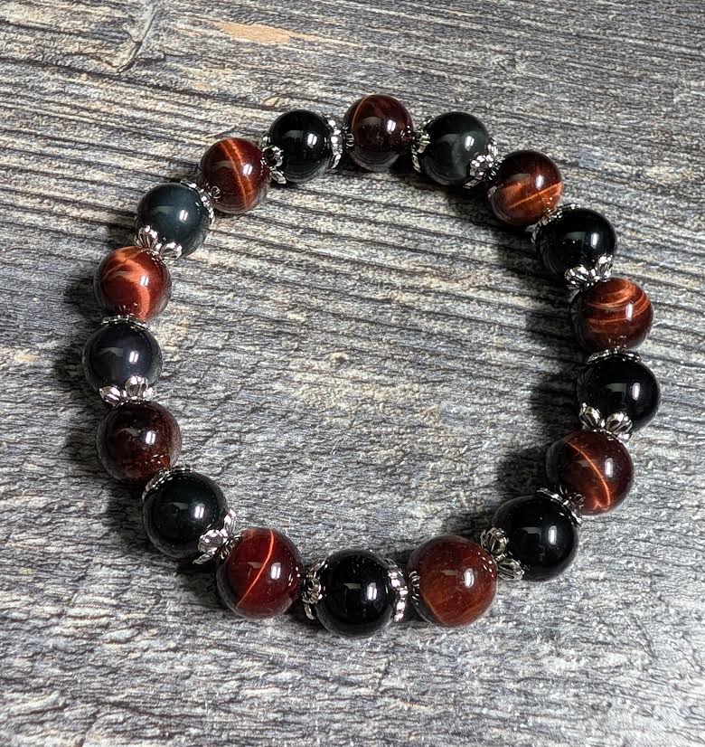 Red Tiger Eye & Obsidian Bracelet: Protection & Strength. Beaded Gemstone Bracelet by Main Street Collective LLC