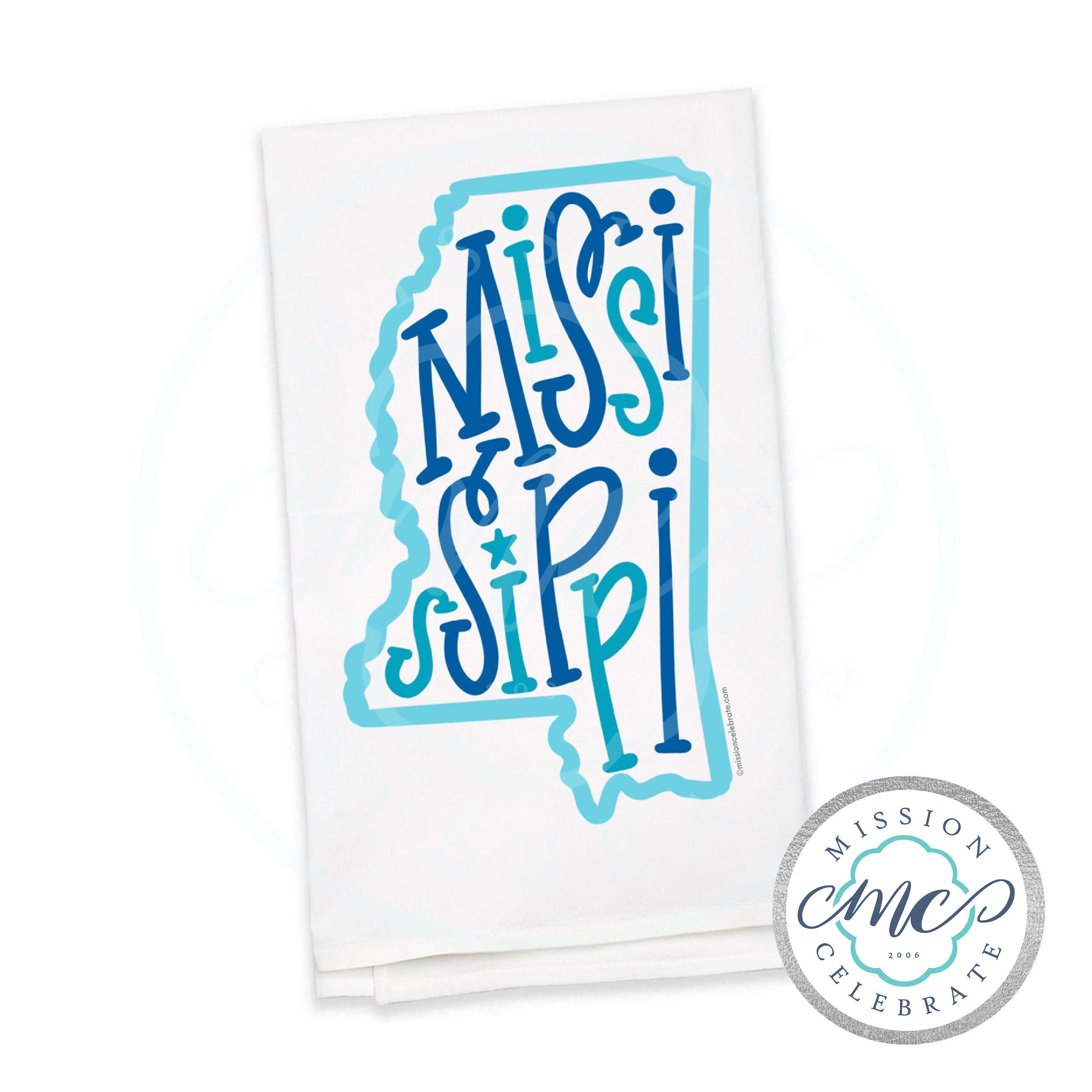Mississippi Bouncy Letters Handlettered Art Tea Towel Kitchen Towel Flour Sack Towel 27"x27" (blues)