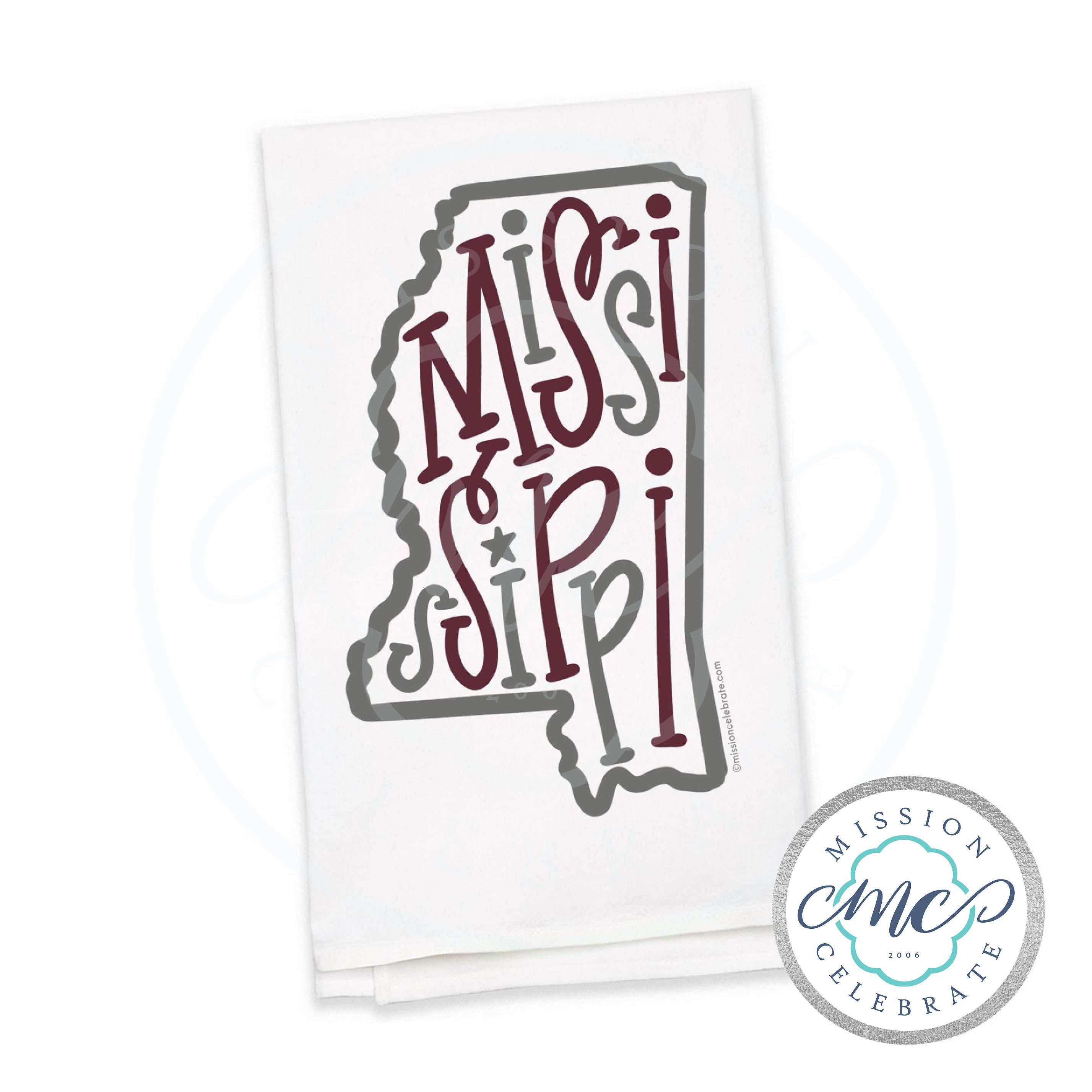 Mississippi Bouncy Letters Handlettered Art Tea Towel Kitchen Towel Flour Sack Towel 27"x27" (maroon and gray)