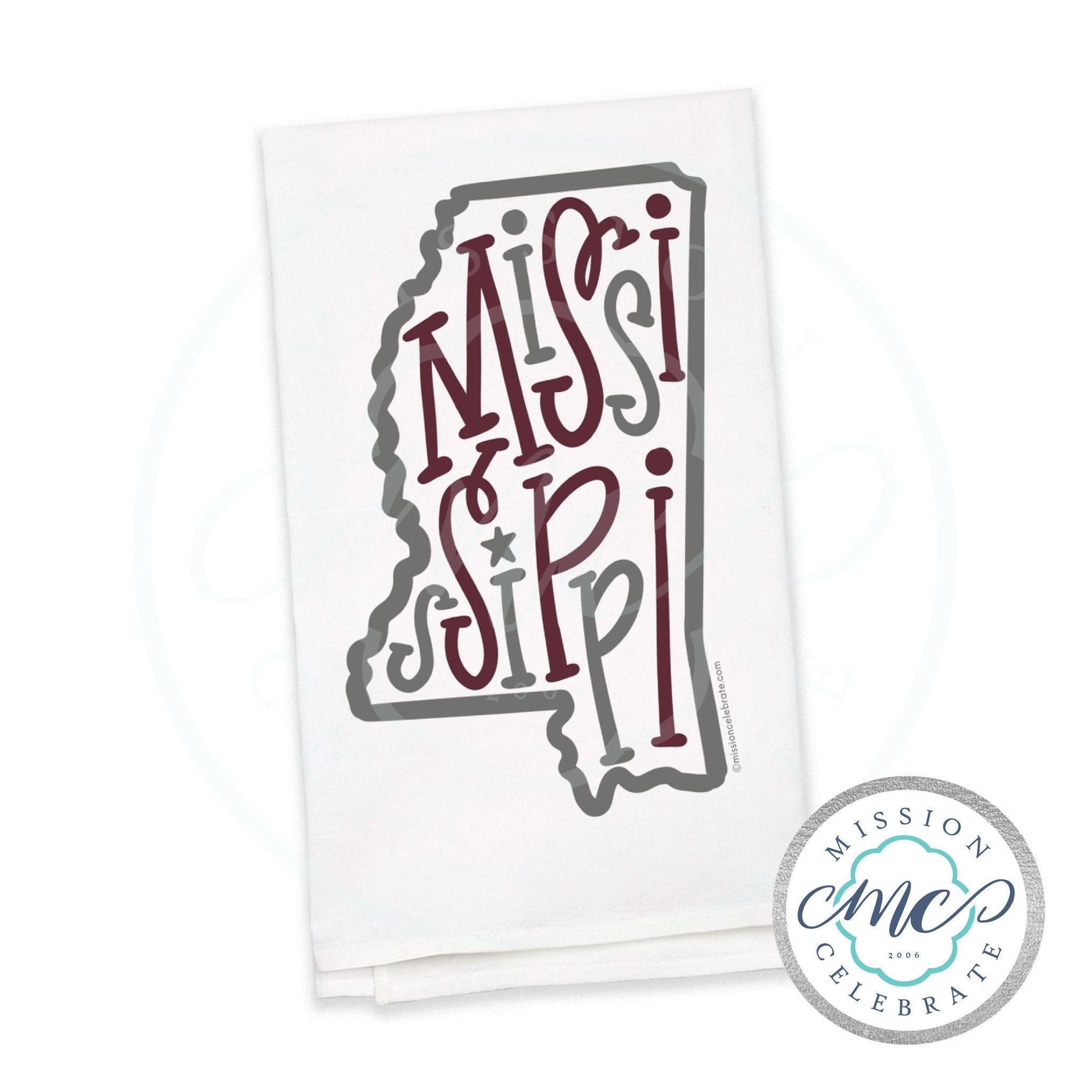 Mississippi Tea Towel: Maroon & Gray Hand-Lettered State Map Flour Sack Kitchen Towel by Main Street Collective