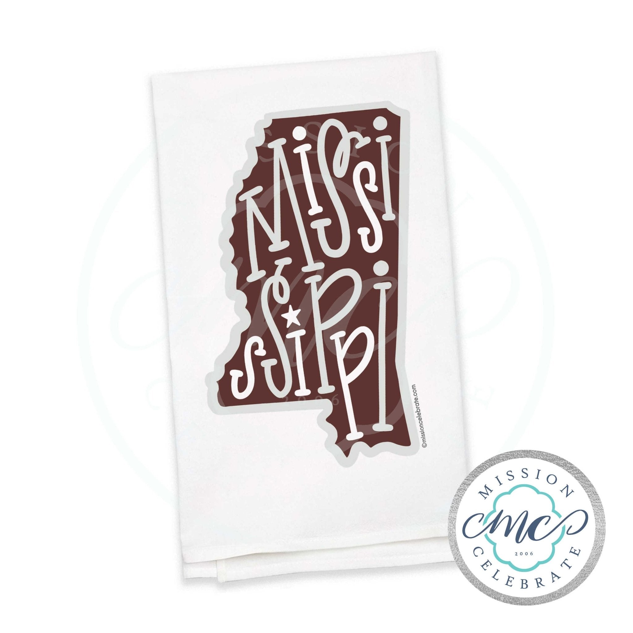Mississippi Tea Towel: Maroon & Gray State Map, Hand-Lettered, Flour Sack Kitchen Decor