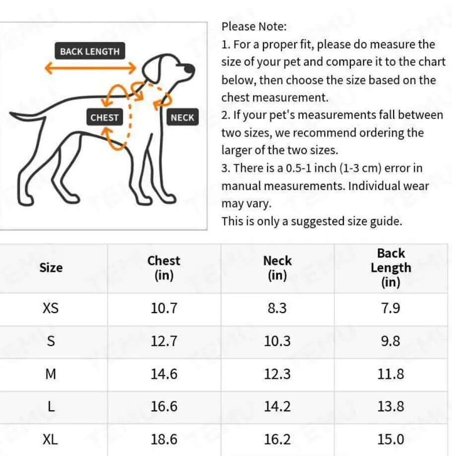 Dog Sizing Chart: Measure Chest, Neck & Back Length for XS-XL Apparel. Find your dog's perfect fit!