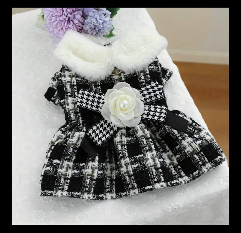 Houndstooth Tweed Dog Dress with Faux Fur Collar & Flower - Coastal Couture Pet Boutique