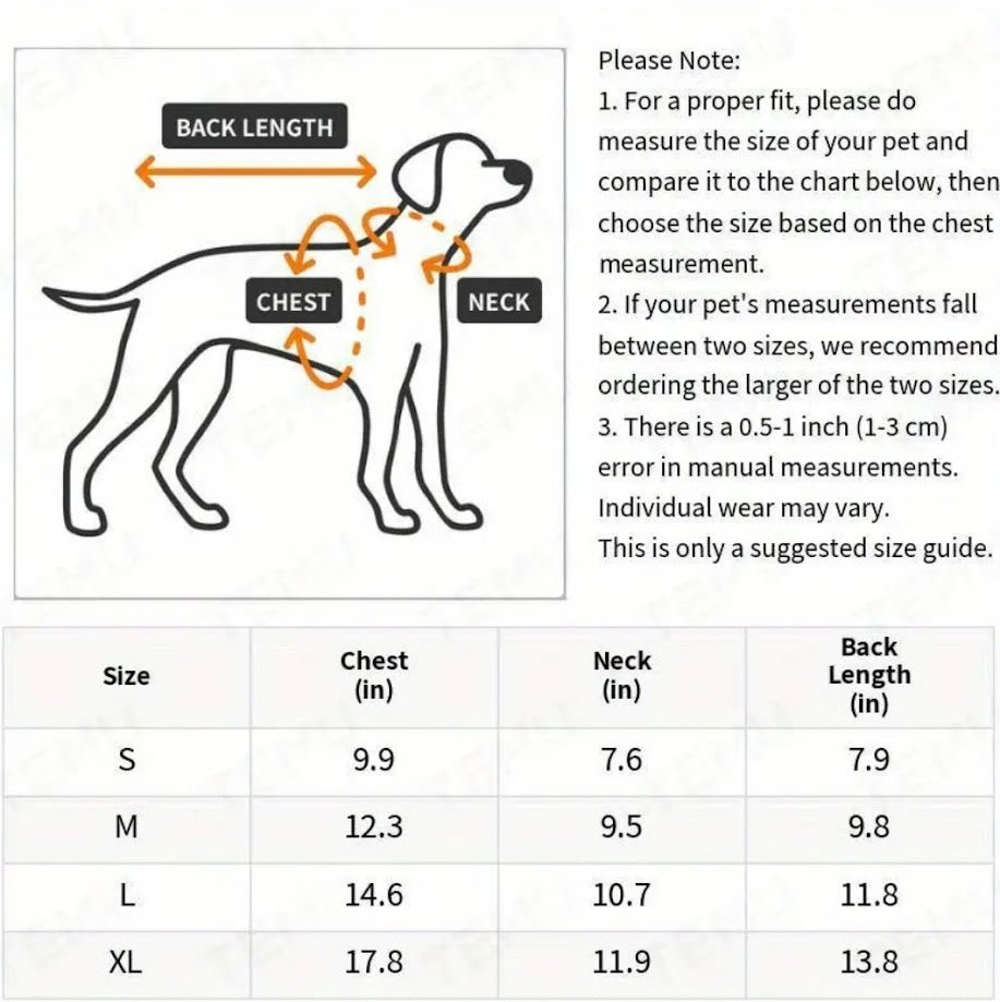 Dog Clothing Size Chart: Measure your pet for proper fit - Chest, Neck, Back Length. S, M, L, XL Size Guide