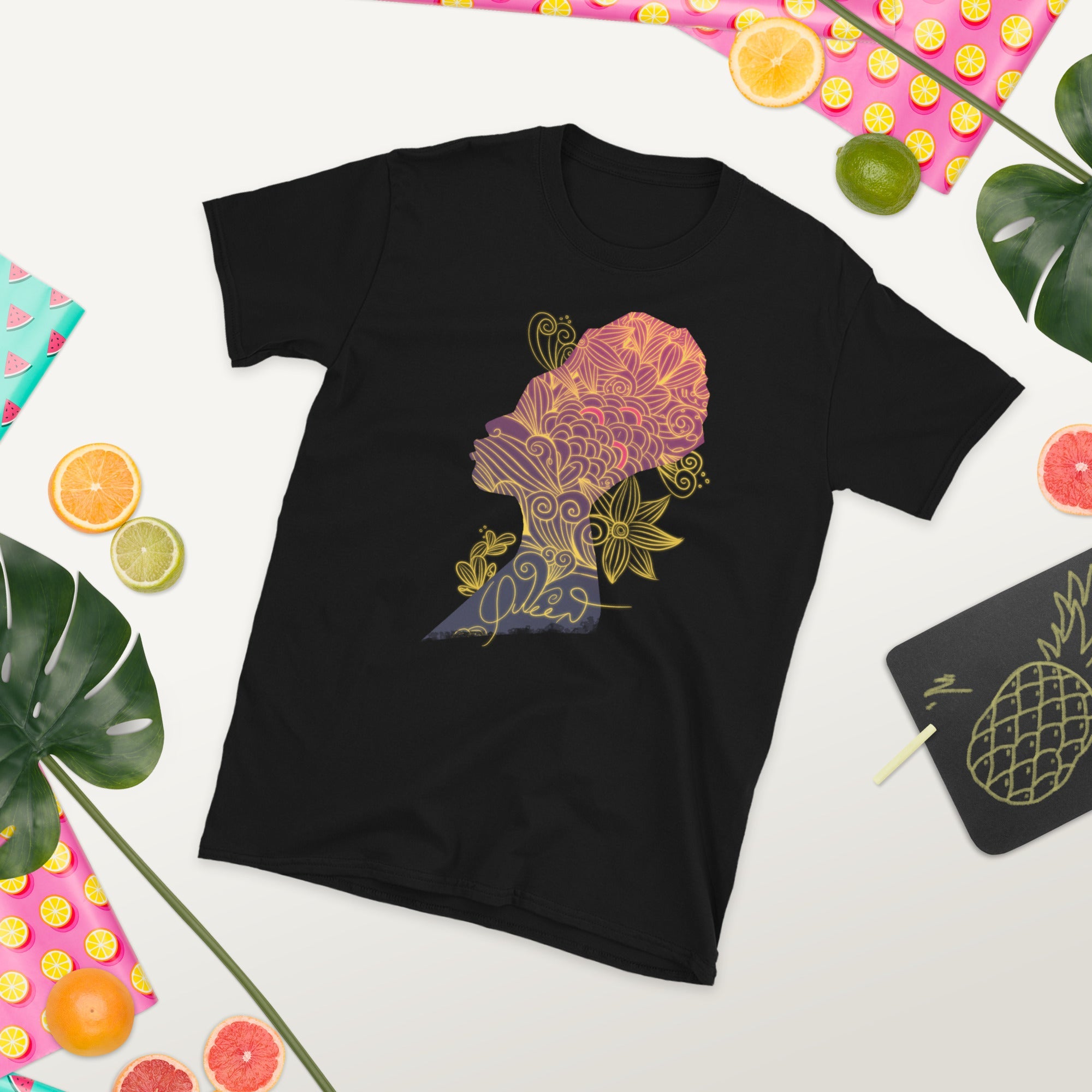 Black t-shirt with a crowned woman graphic. Queen themed shirt. Stylish design.
