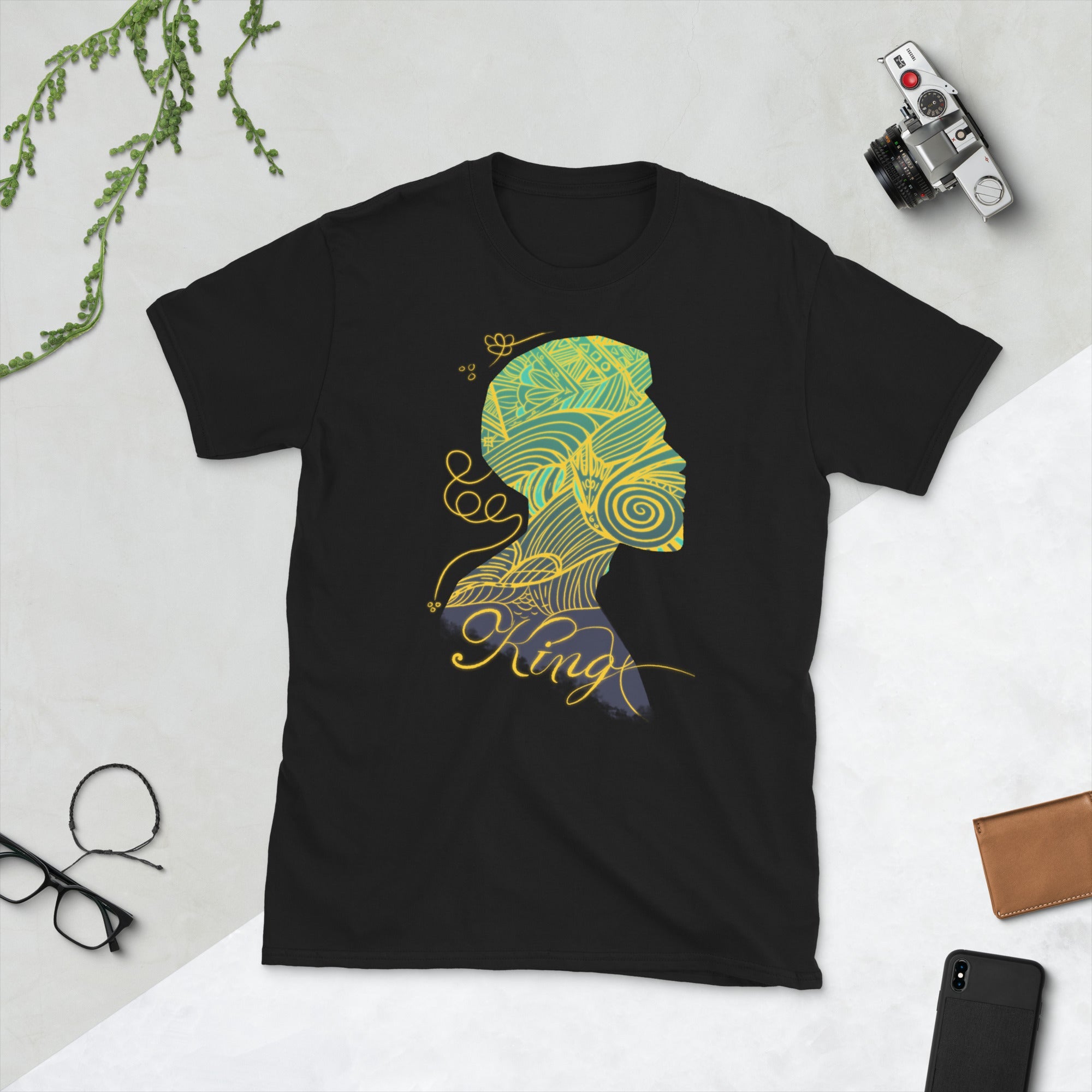 Black T-Shirt with Graphic Print: African King Profile Unisex Tee