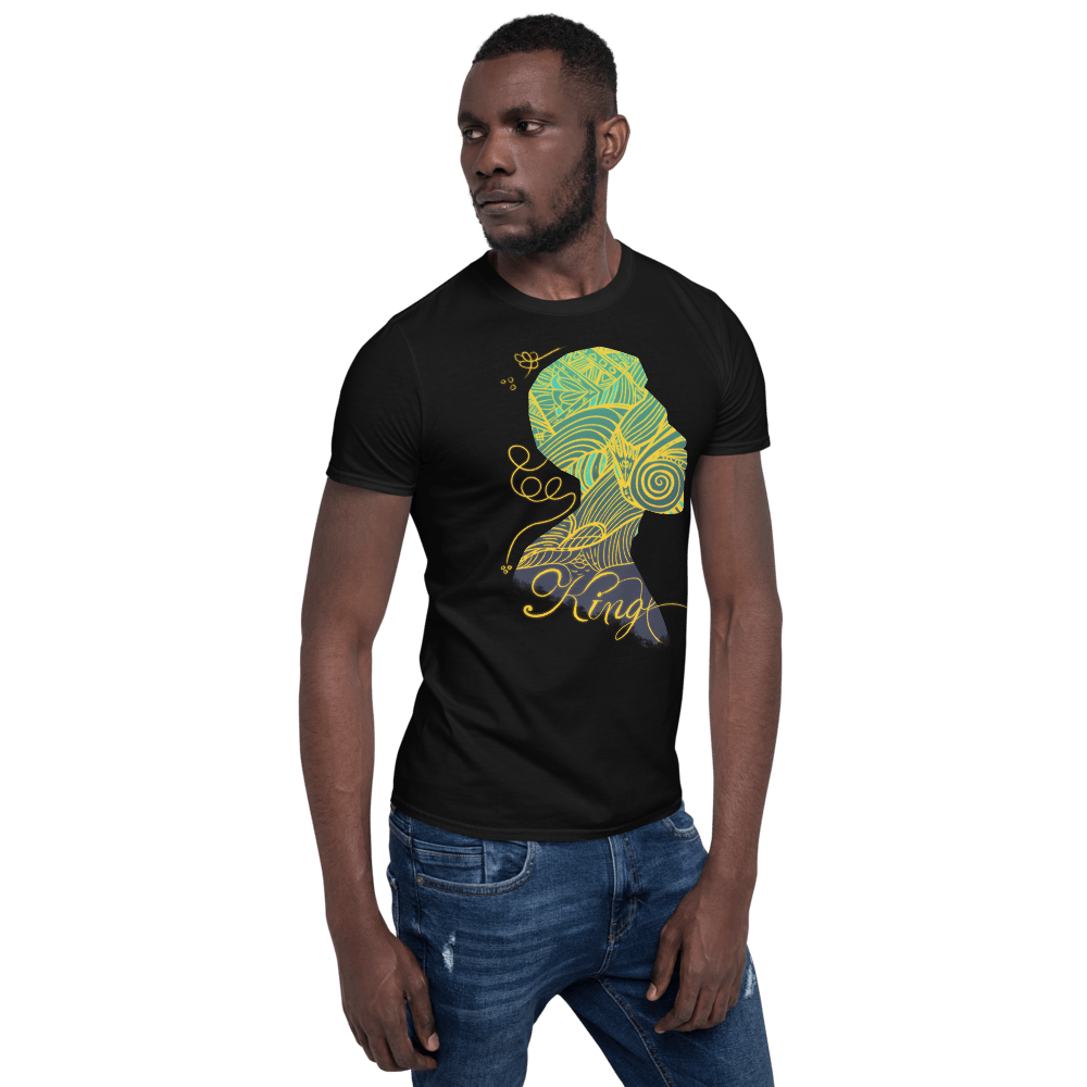 Man in Black King Shirt: Graphic Tee with Crowned African Man Design. Unisex Style, Black Cotton T-shirt