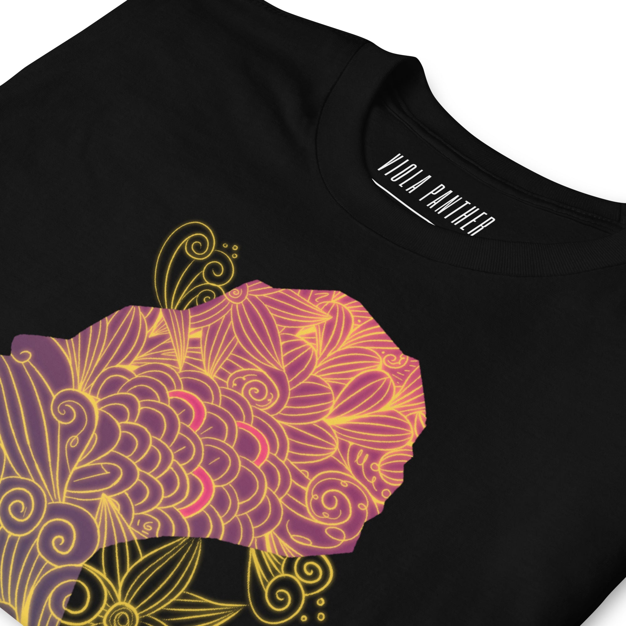 Black Viola Panther T-shirt with abstract floral design.