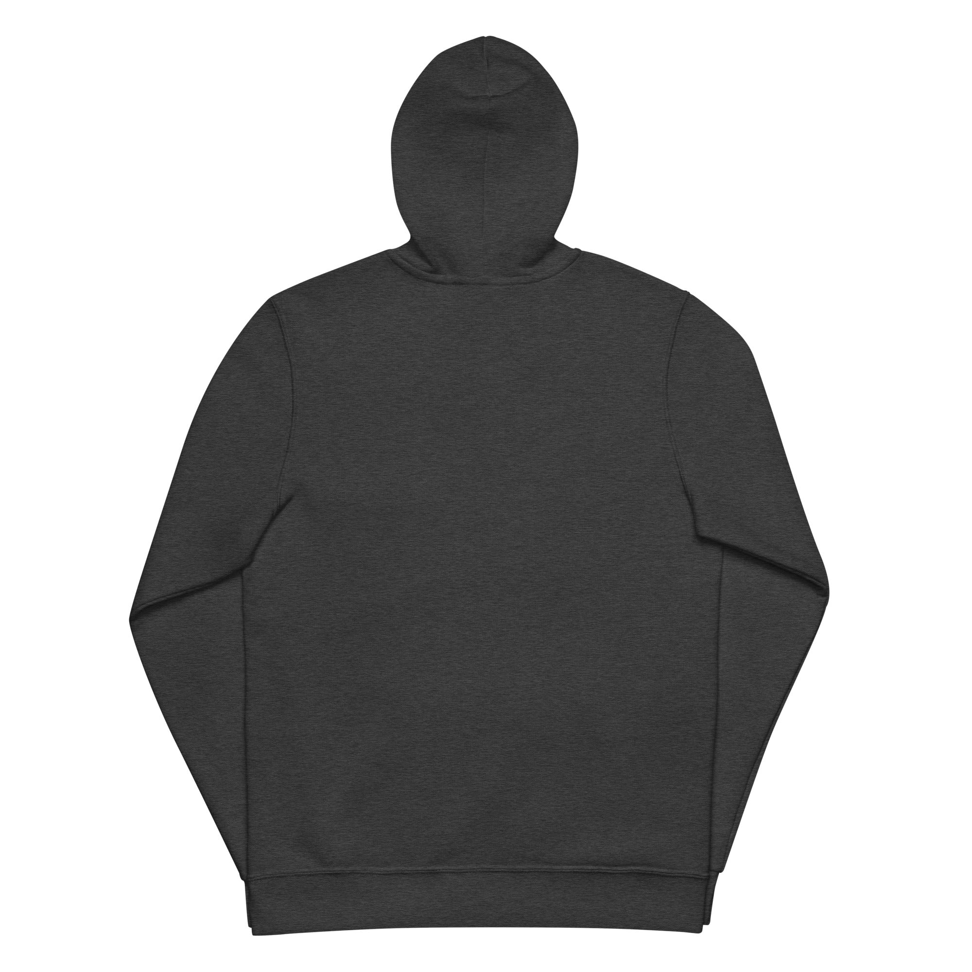 Back view of a unisex basic zip hoodie by Main Street Collective, LeftyKeyz Edition. Dark gray hoodie with hood and pockets.
