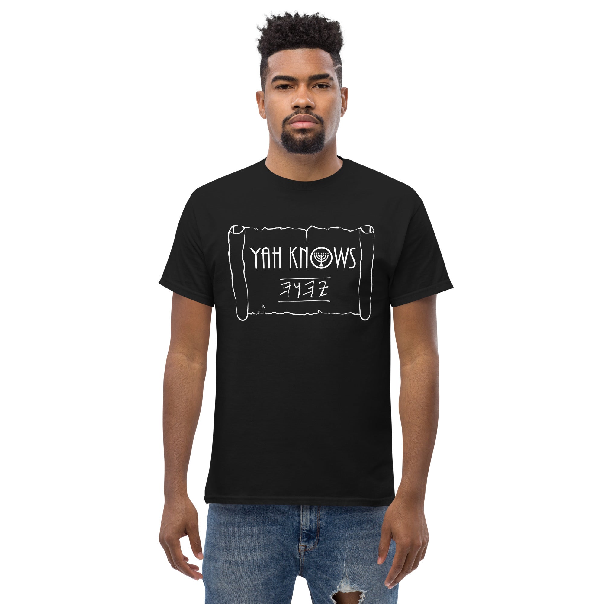 Man in YAH KNOWS T-shirt | Hebrew Text | Main Street Collective
