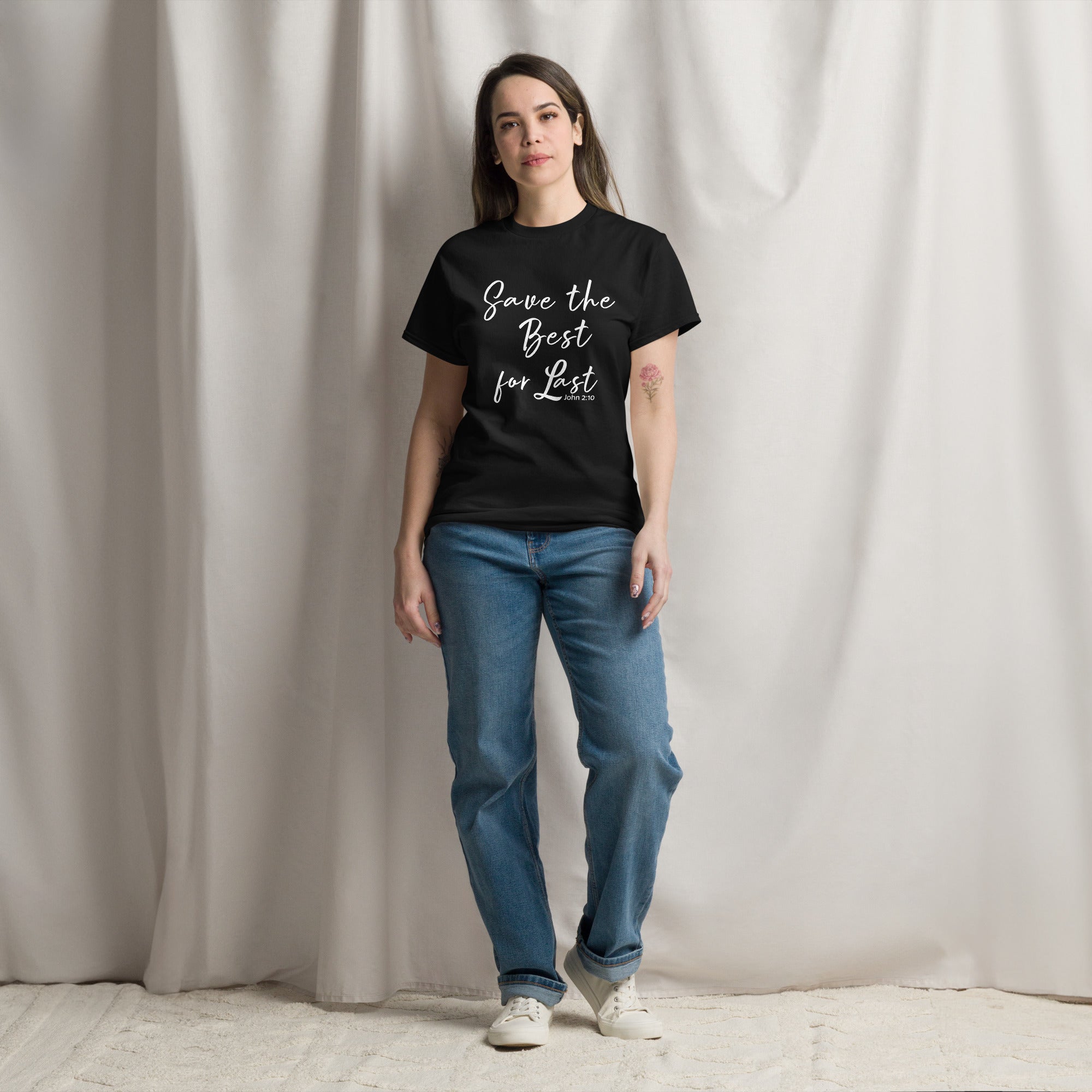 Main Street Collective: Woman in a black "Save the Best for Last" t-shirt and jeans. Christian Apparel, Unisex Tee