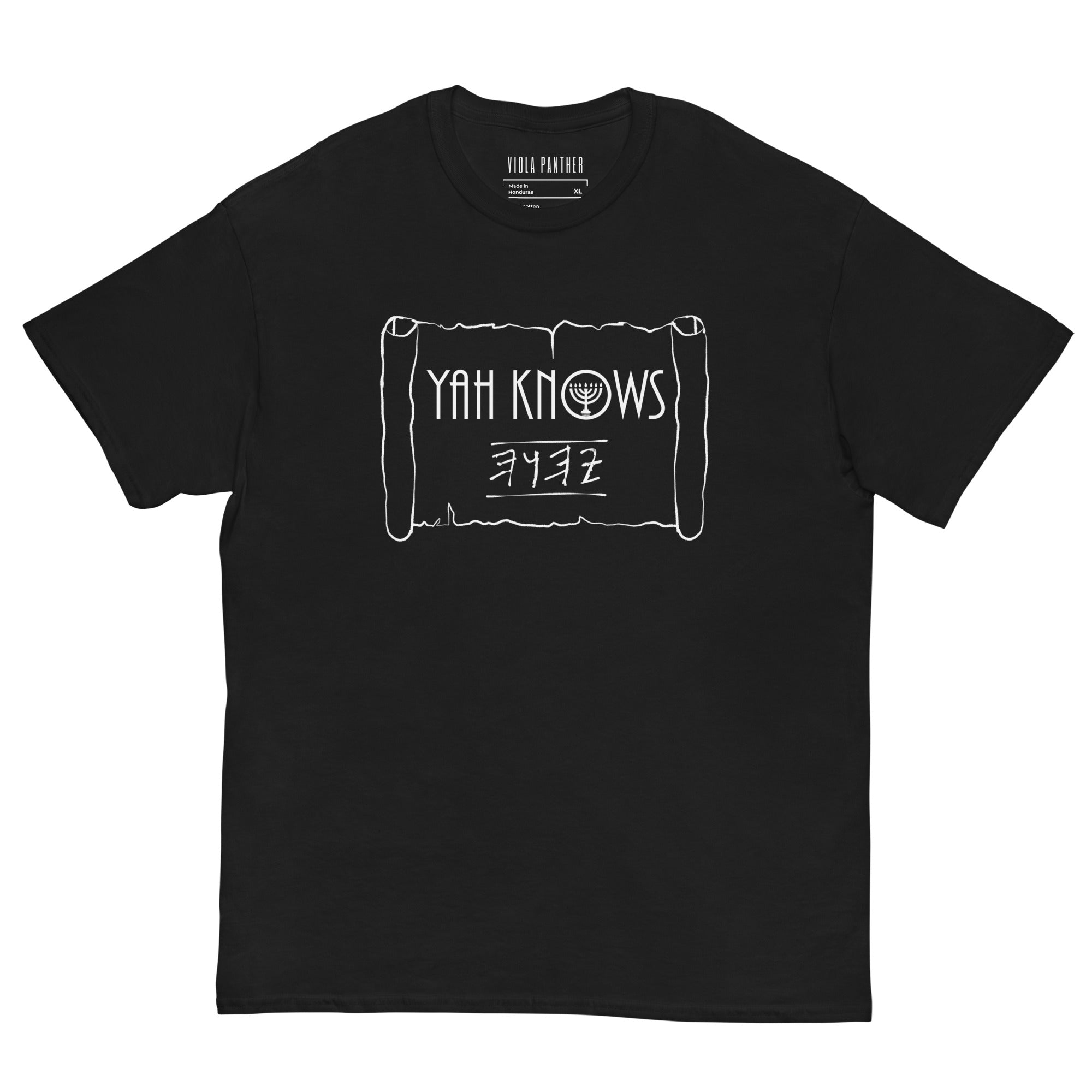 YAH KNOWS T-shirt - LeftyKeyz Limited Edition Black Tee with Menorah and Paleo Hebrew design