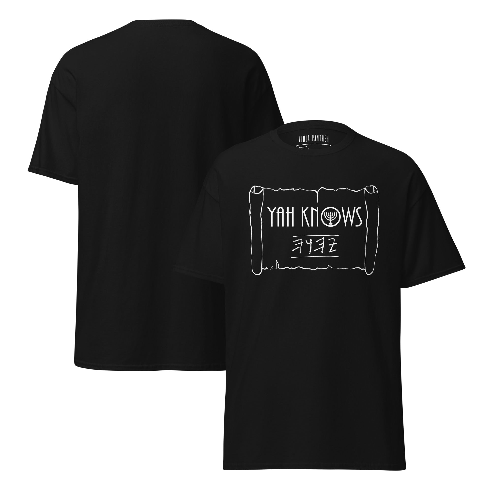 Black unisex T-shirt with "YAH KNOWS", paleo Hebrew, and menorah design. LeftyKeyz Limited Edition.