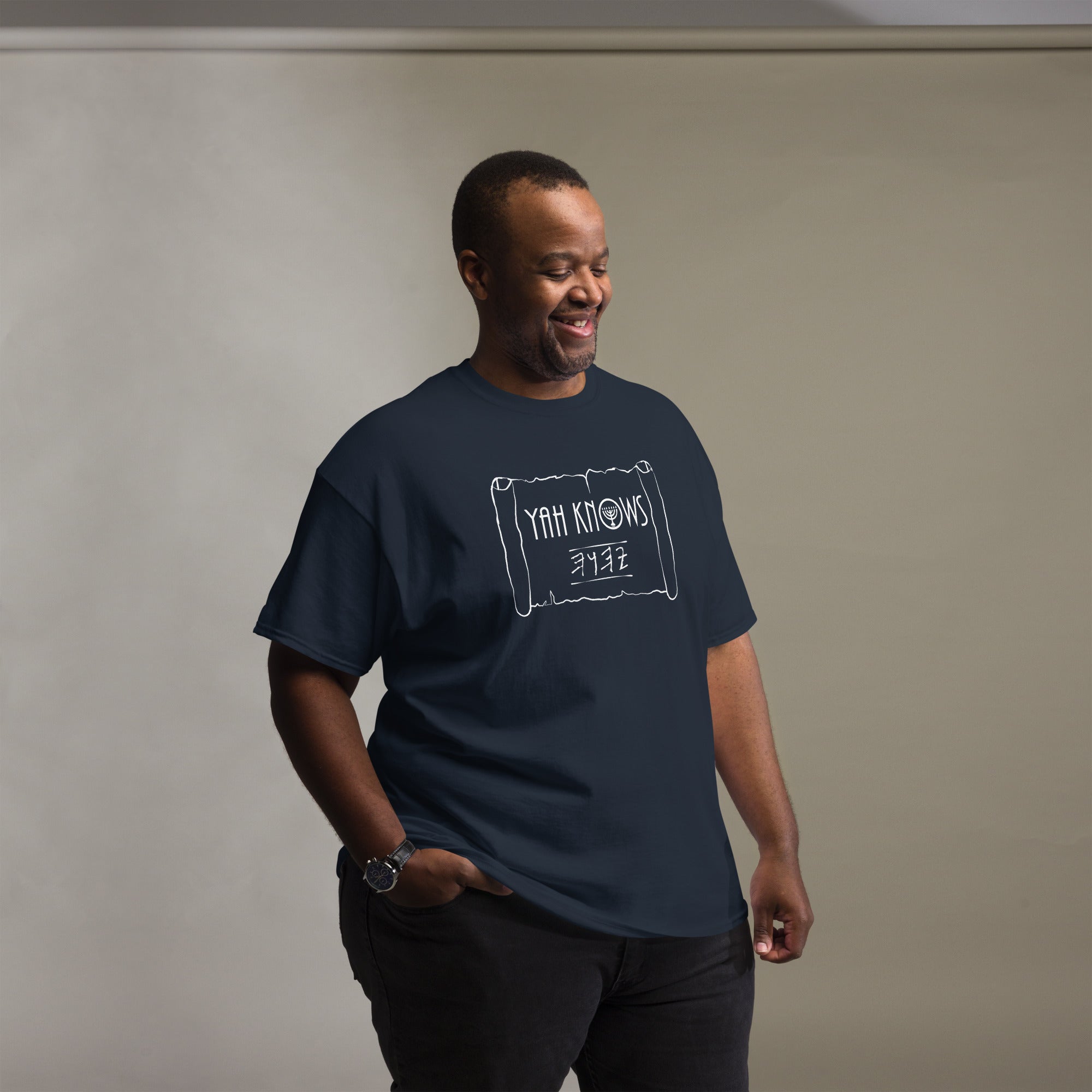 Man in 'YAH KNOWS' T-shirt by Main Street Collective. Faith-inspired apparel.