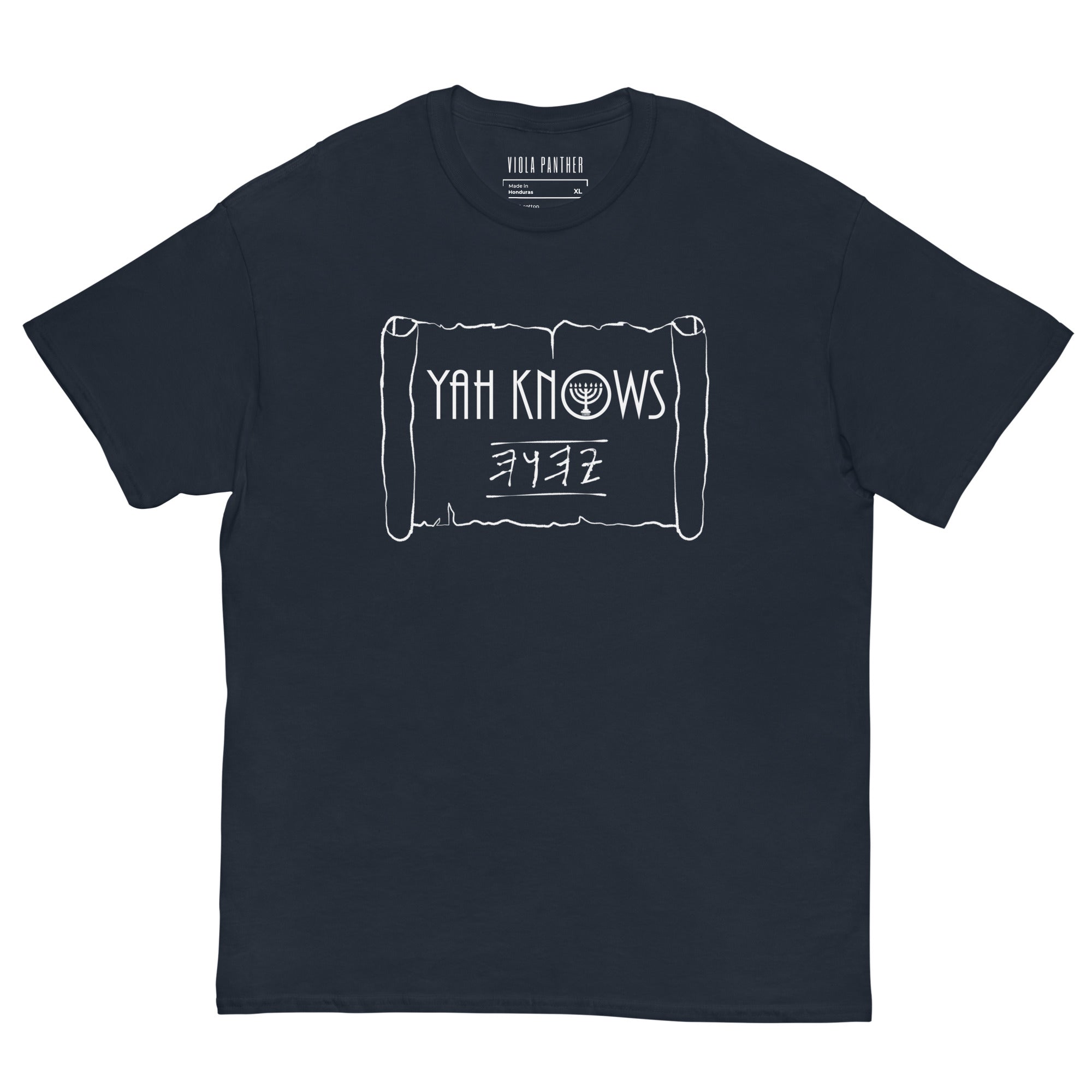 YAH KNOWS Unisex Tee | LeftyKeyz Limited Edition T-Shirt with Hebrew text design on dark blue cotton.
