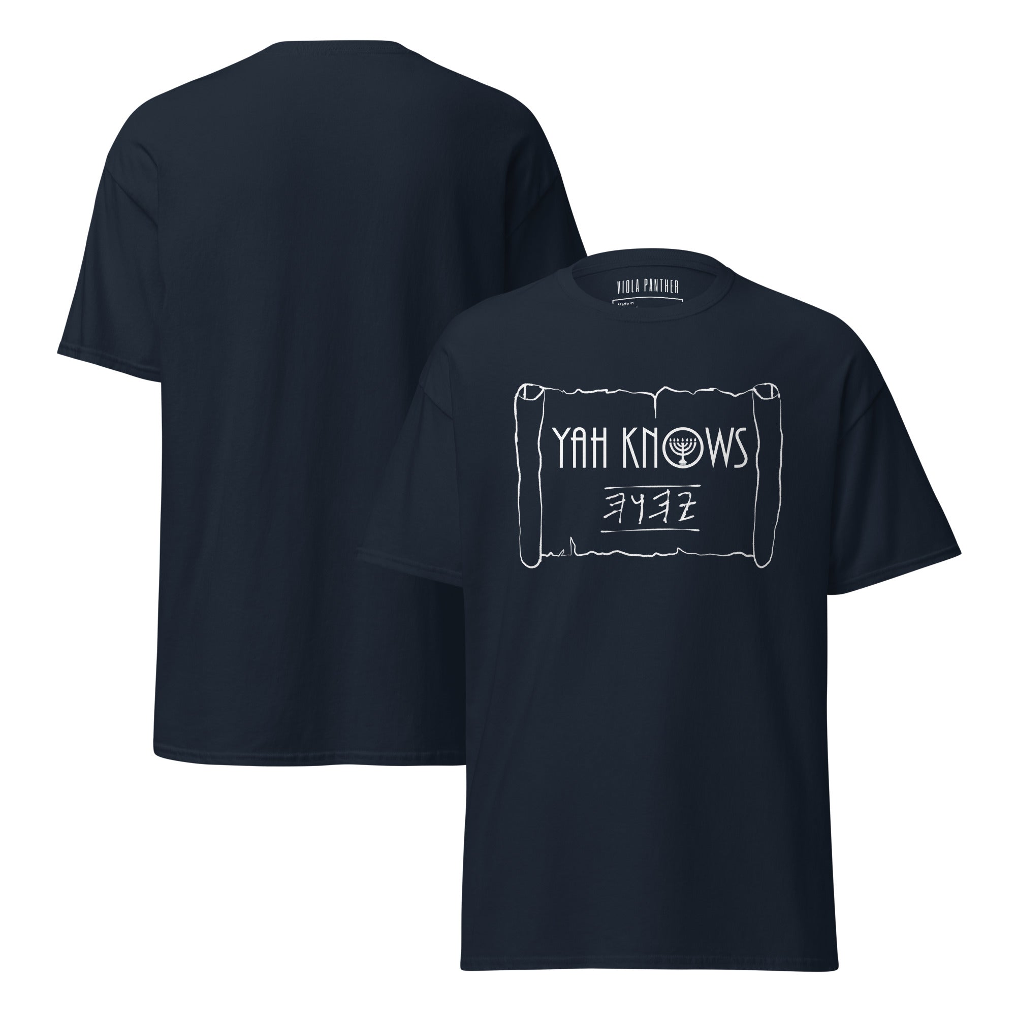 Dark Navy "YAH KNOWS" T-Shirt with Menorah & Hebrew Text | Unisex LeftyKeyz Clothing