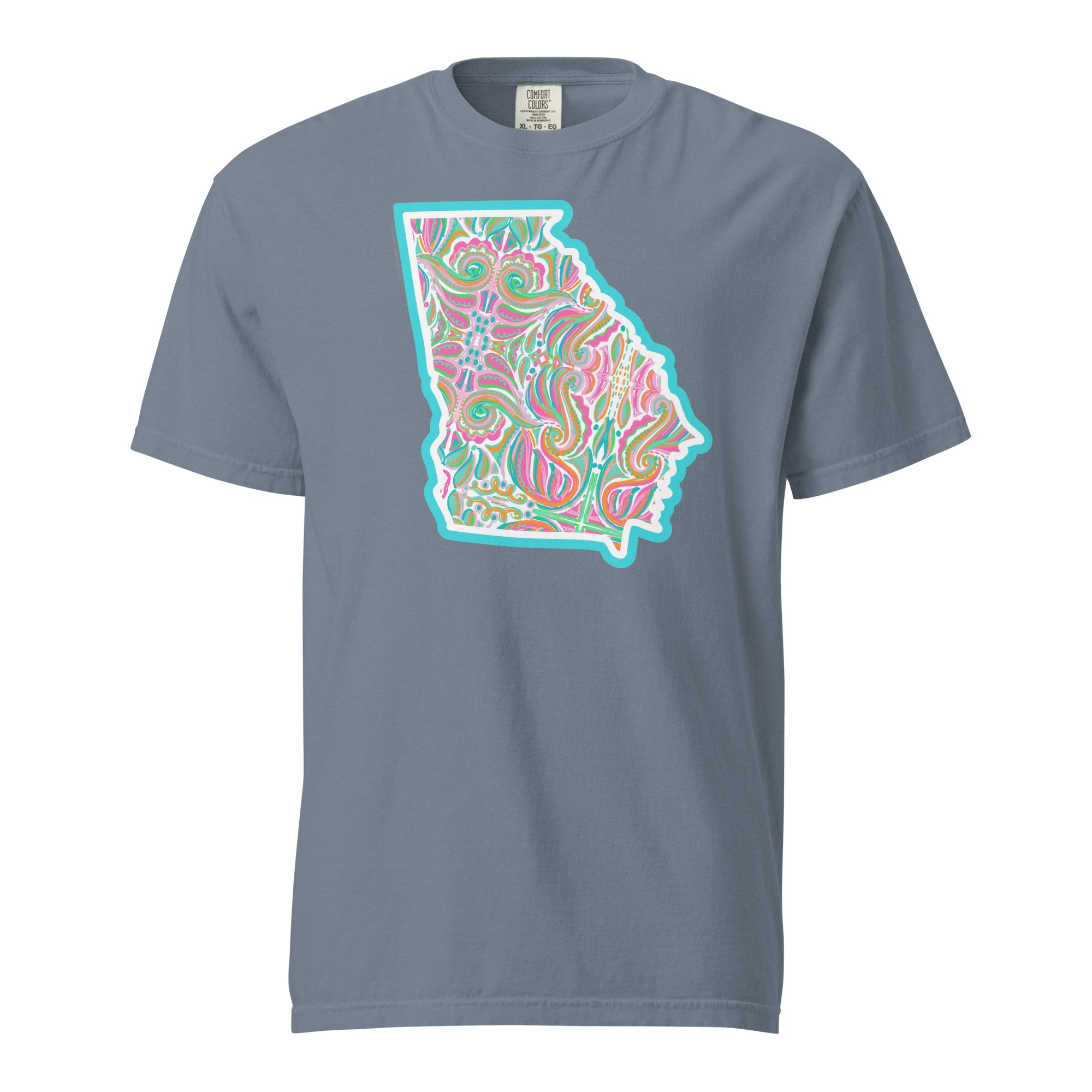 Georgia Jubilee T-Shirt: Leslie Gonce Abstract Art Comfort Colors Tee. Colorful hand-drawn design of Georgia state on grey shirt.