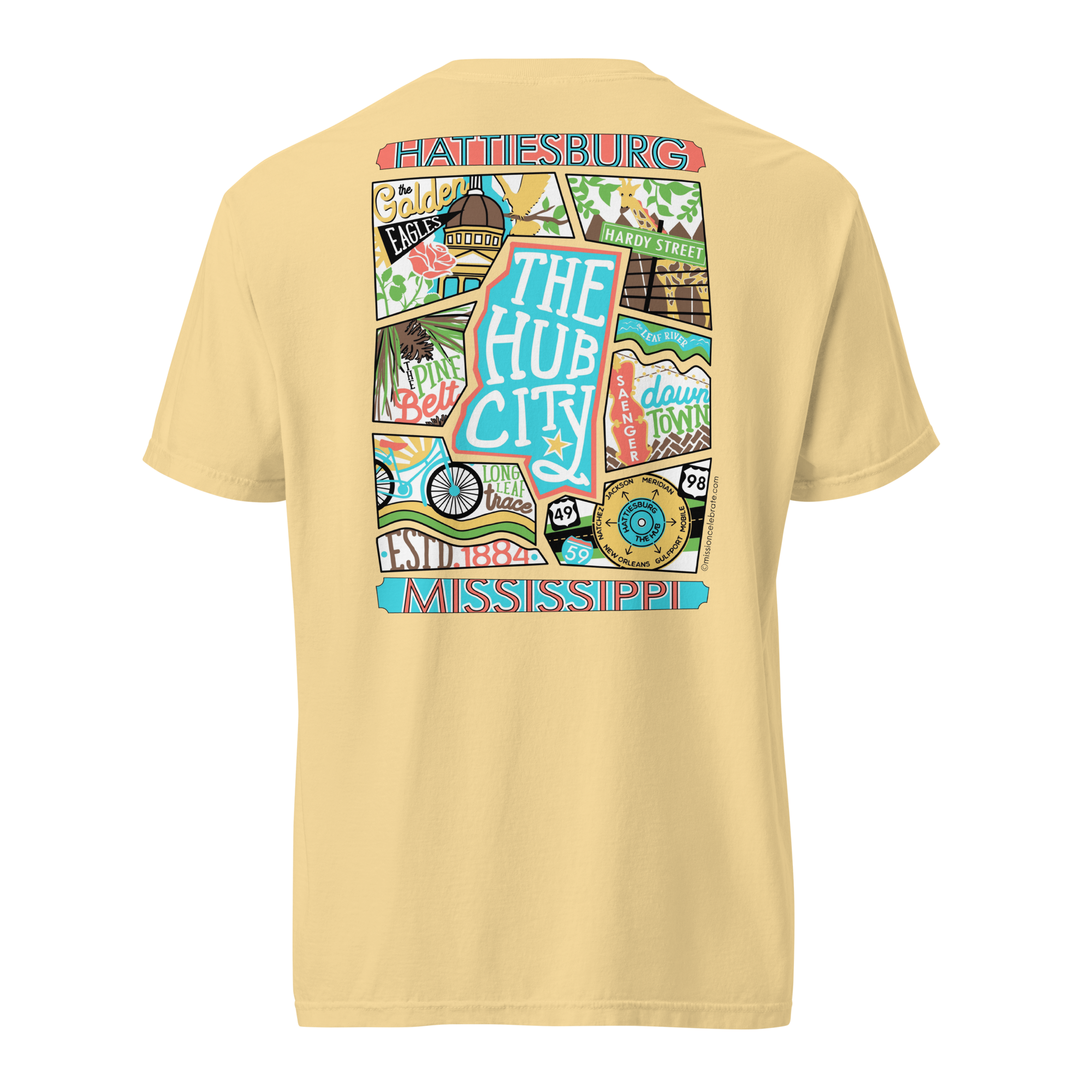 Hattiesburg Mississippi T-shirt: "The Hub City" collage art design on a yellow tee. Souther Miss T-shirt design by a MS Artist.